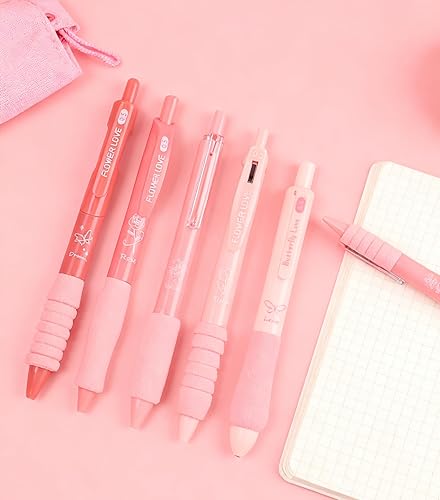 Miniatura 8 de 5 bolígrafos retráctiles rosados, bonitos bolígrafos estéticos de gel, tinta de agarre suave, con punta fina lisa de 0.020 in, suministros escolares
