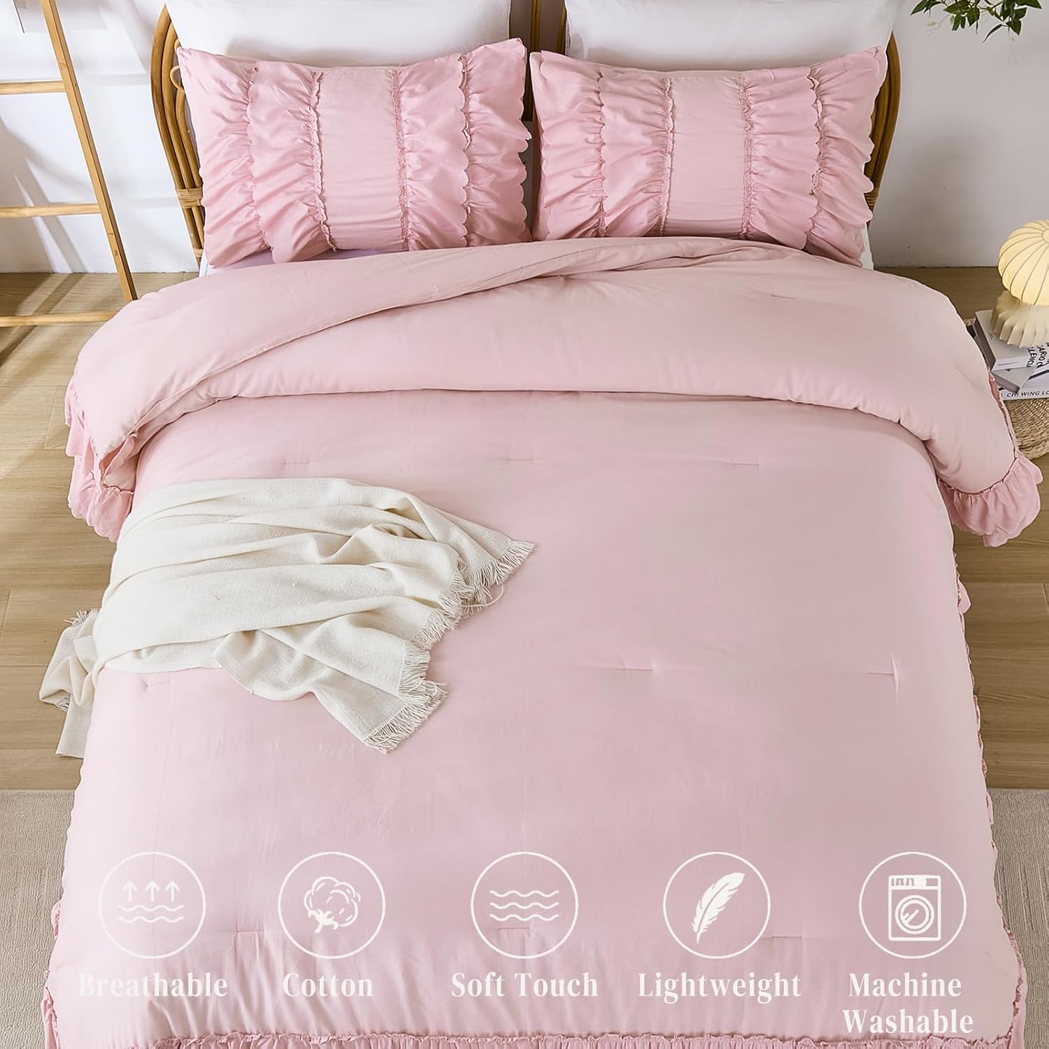 Herside Pink Cotton Comforter Queen Size,Boho Ruffle Bedding Set,2 Layers Ruffles Fluffy Vintage Comforter Home Decor,Farmhouse 3 Pcs Soft and Breathable Lightweight Quilt Set for Women Girls