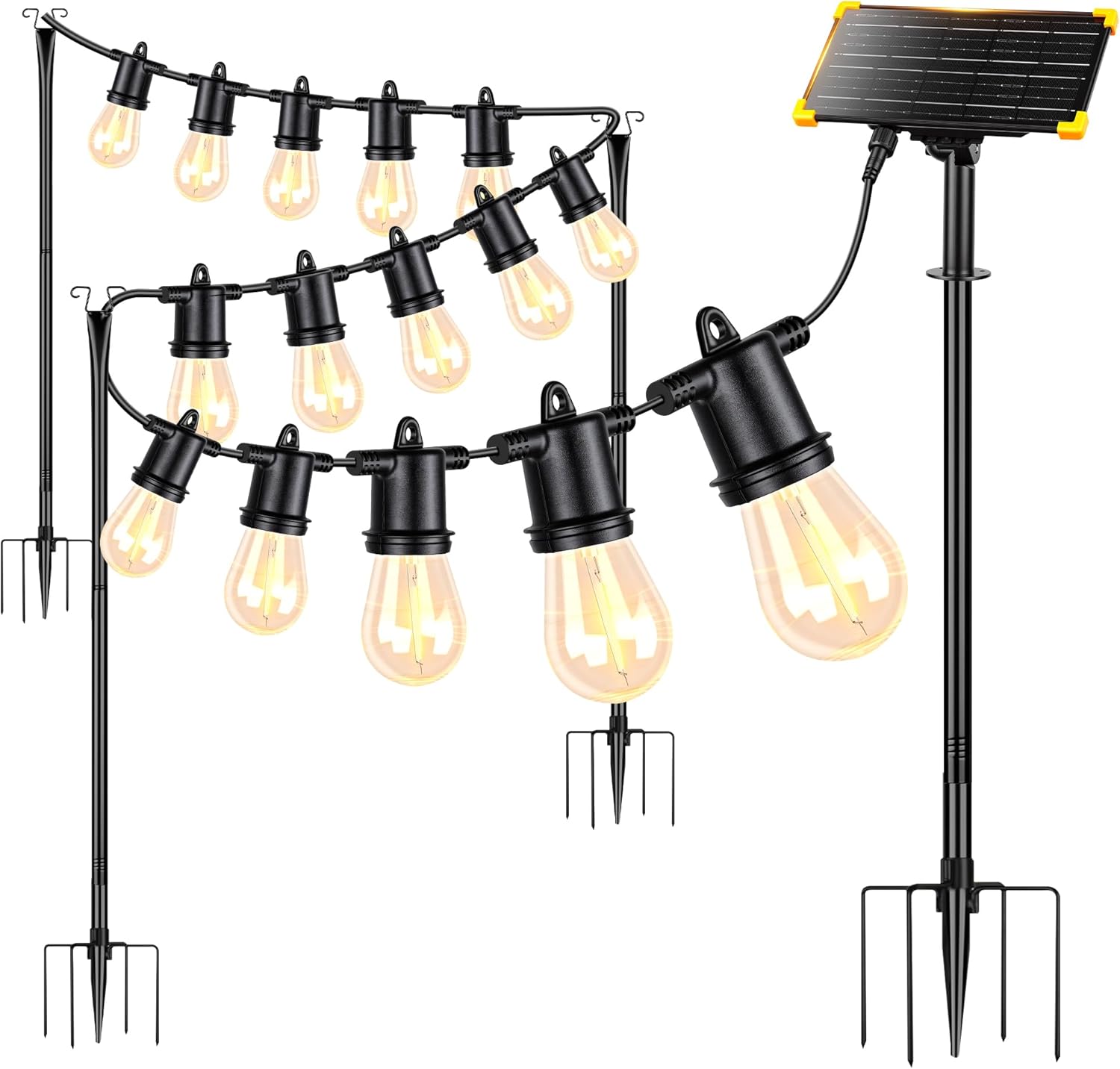 4 Pack Outdoor String Light Poles with Solar Panel & 590 Inch LED String Lights, Heavy Duty Metal Light Pole for Patio, Backyard, Garden, Wedding, Party & Front Porch Decor