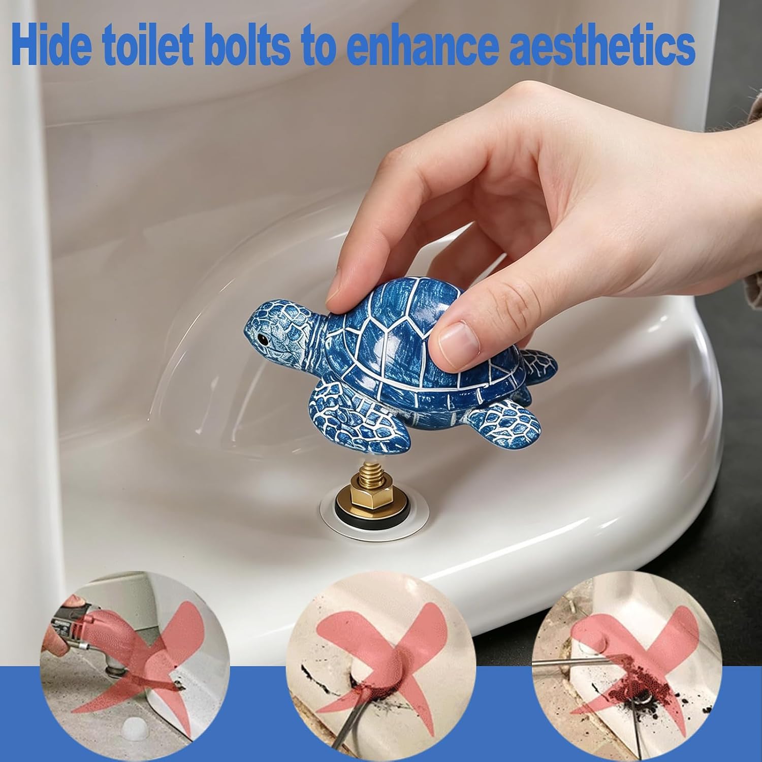 2Pcs Turtle Toilet Bolt Covers, Blue & White Sea Turtle Bathroom Decor Screw Caps, Easy Install Coastal Ocean Bathroom Accessories image 3