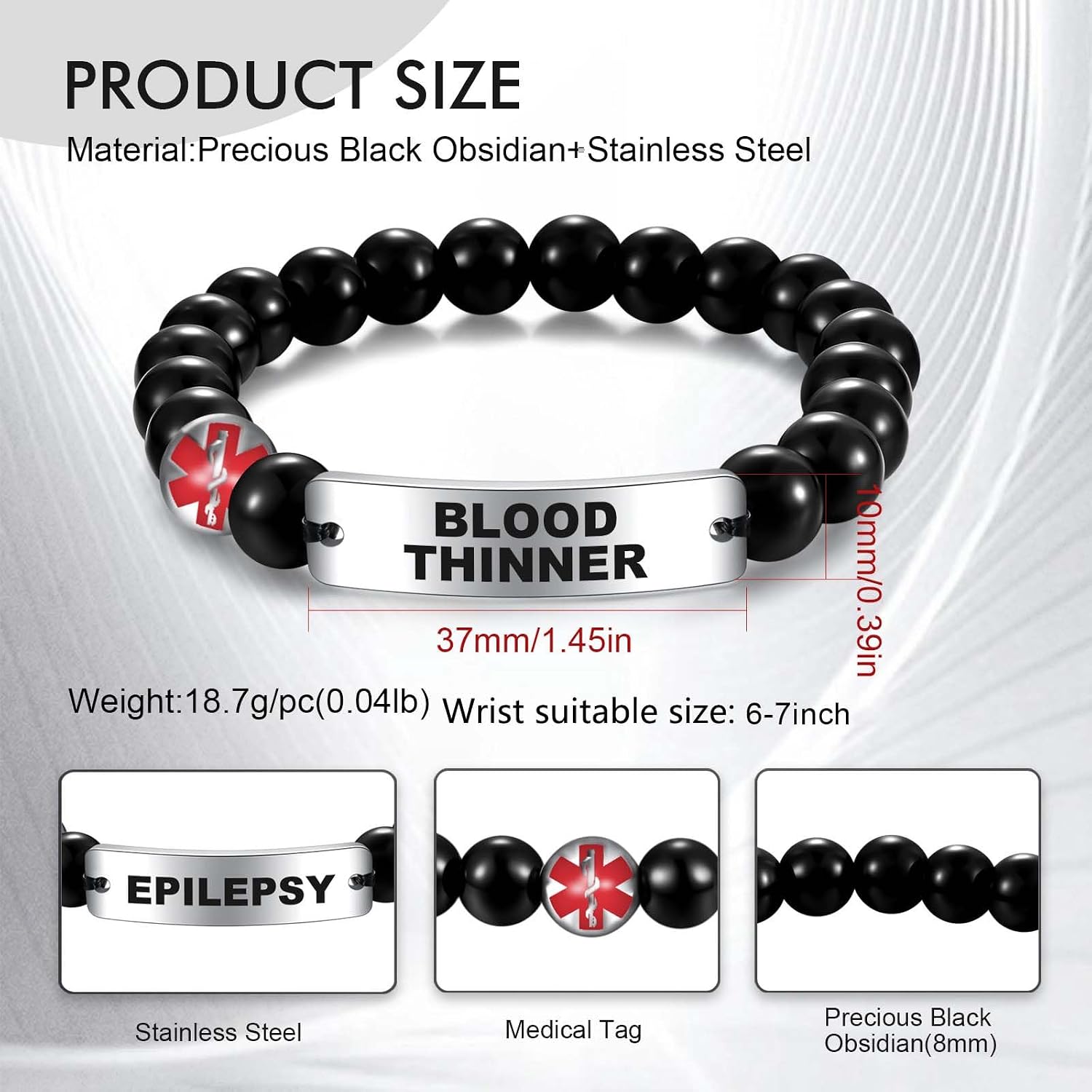 COMTRUD Medical ID Bracelet Stainless Steel Bend Brand ID Tag for Men Women Obsidian Medical Alert Beaded Bracelet Personalized Customized Jewelry Gift