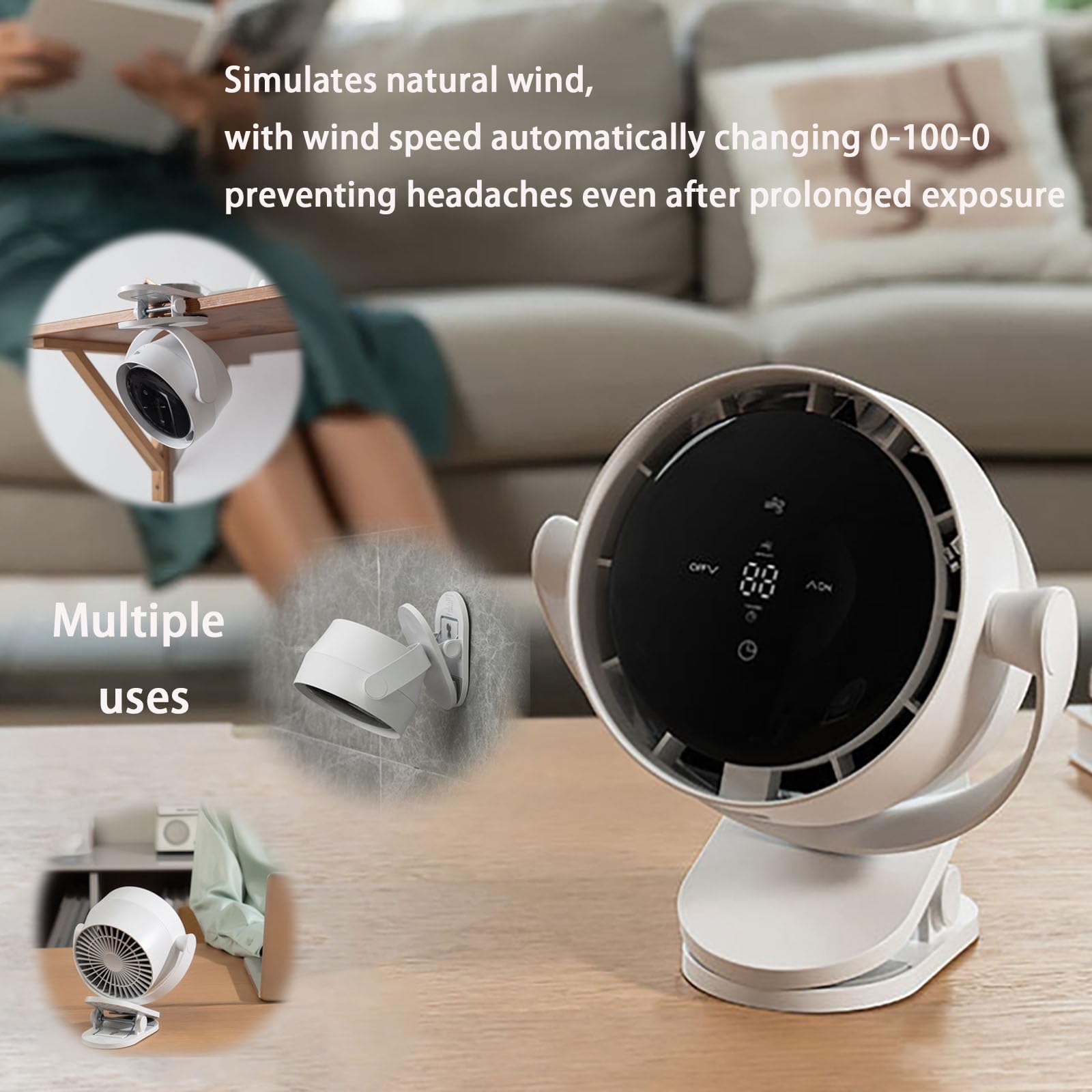 Ventilatore Portatile Ricaricabile con Clip, Ventole da Tavolo Silenziose con Clip da 4000 Mah con Display Led, Timer a 9 Velocità, Controllo della Velocità Infinita a 100 Fasi, Ventilatore Rotante