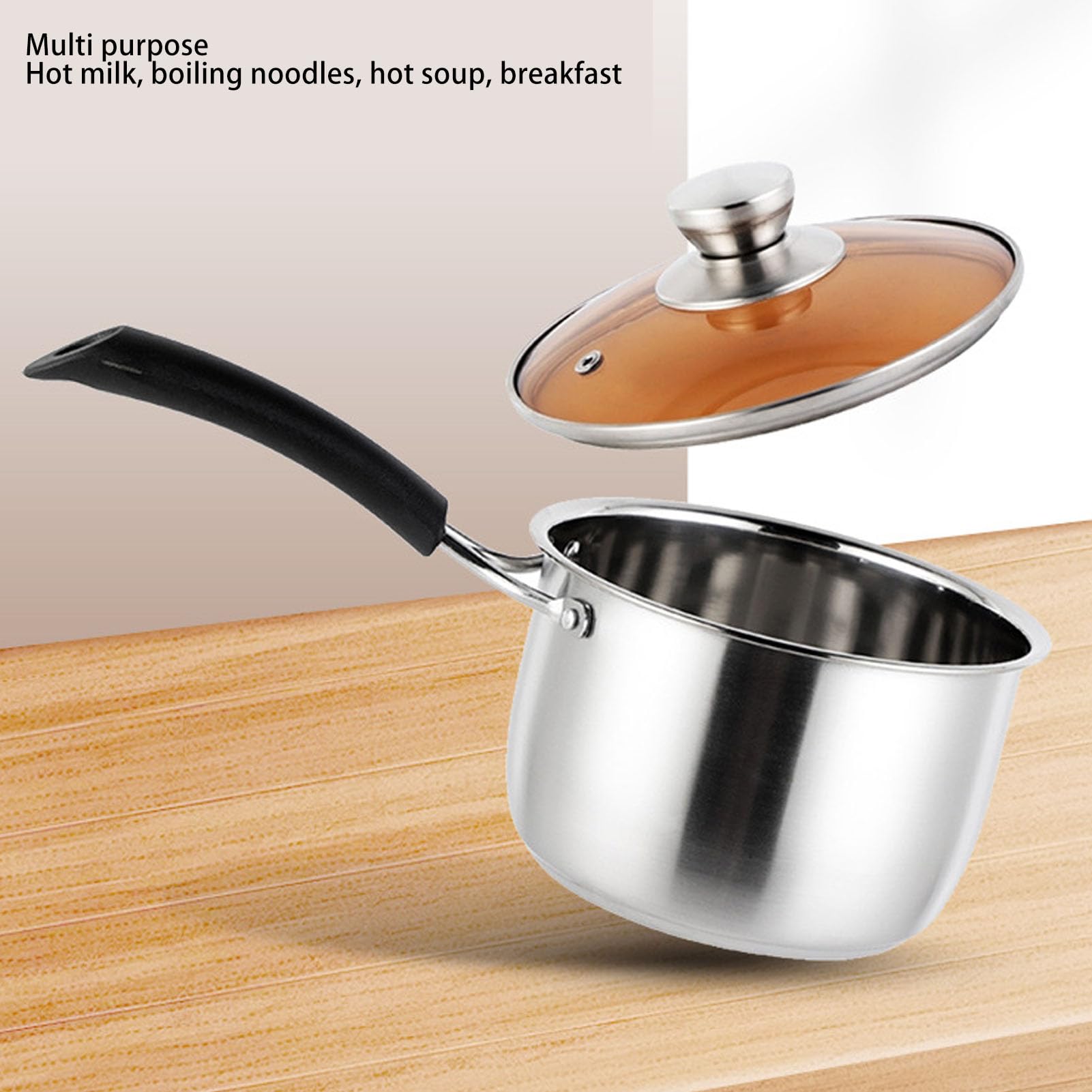 Casquette, casserole de lait de sauce, petite marmite à cuisson, moule à soupe en acier inoxydable avec un long couvercle en verre à poignée pour la cuisson à la cuisson (18 cm)