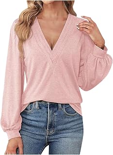 Long Sleeve Shirts for Women Dressy Casual Deep V Neck Solid Tunic Blouses Business Casual Elegant Versatile Tee Tops