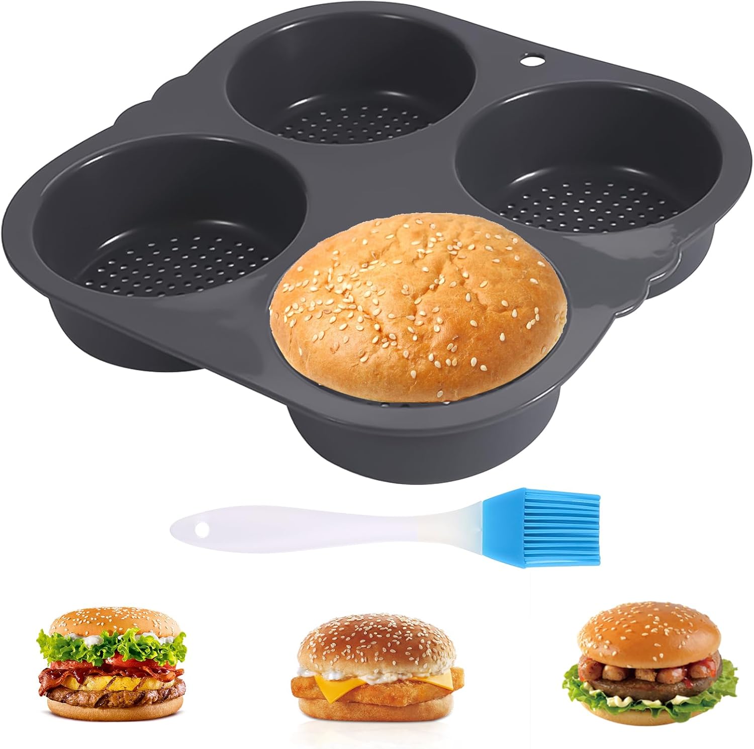 Les-Theresa 4/6 Cavities Silicone Hamburger Mould, Hamburger Bun Pan ...
