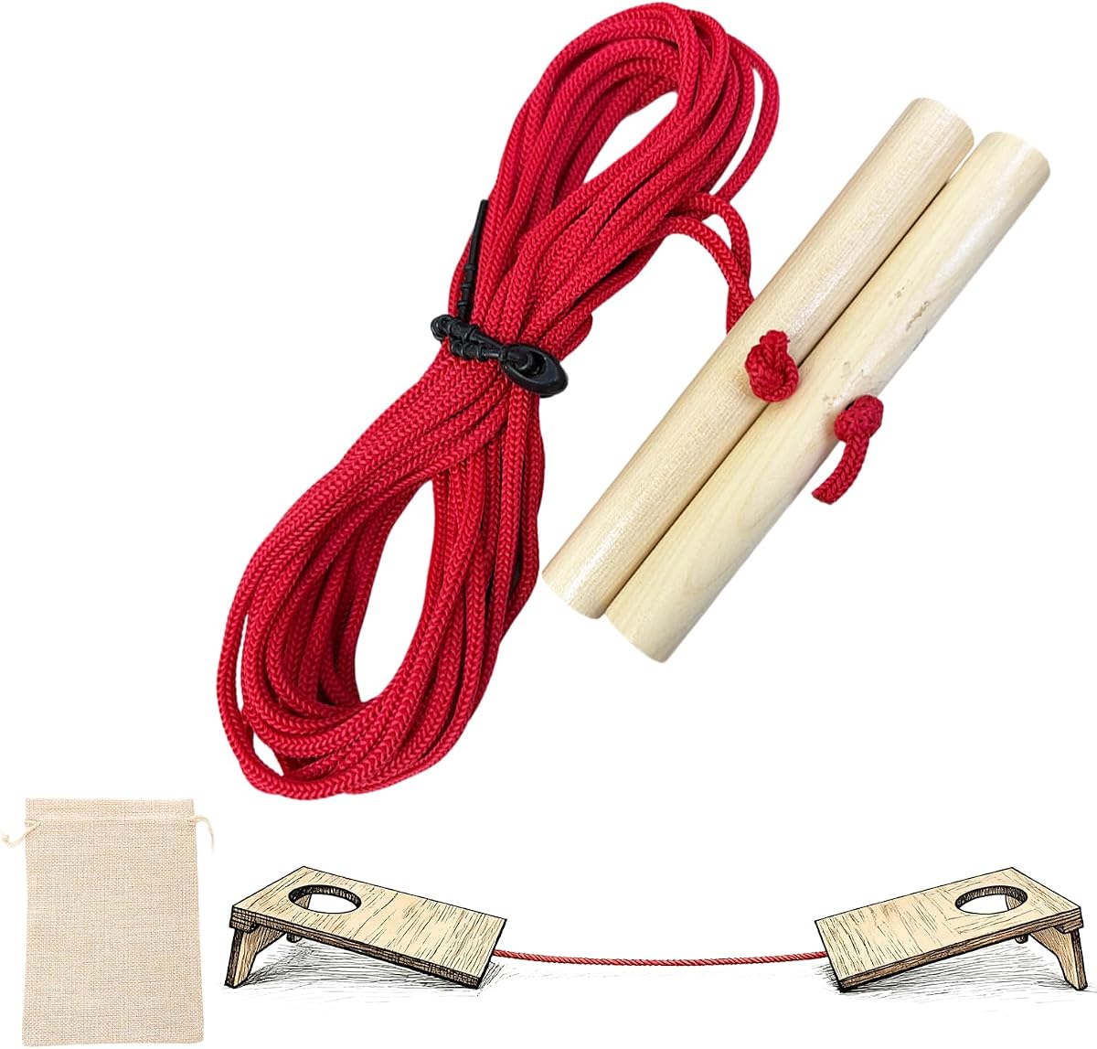 Dispositivo de medición Cornhole de 27 pies con brida y bolsa de silicona | Accesorios y equipos para tableros Cornhole | Palos ligeros barnizados y cuerda de baja elasticidad para una configuración rápida y precisa de la distancia de las tablas