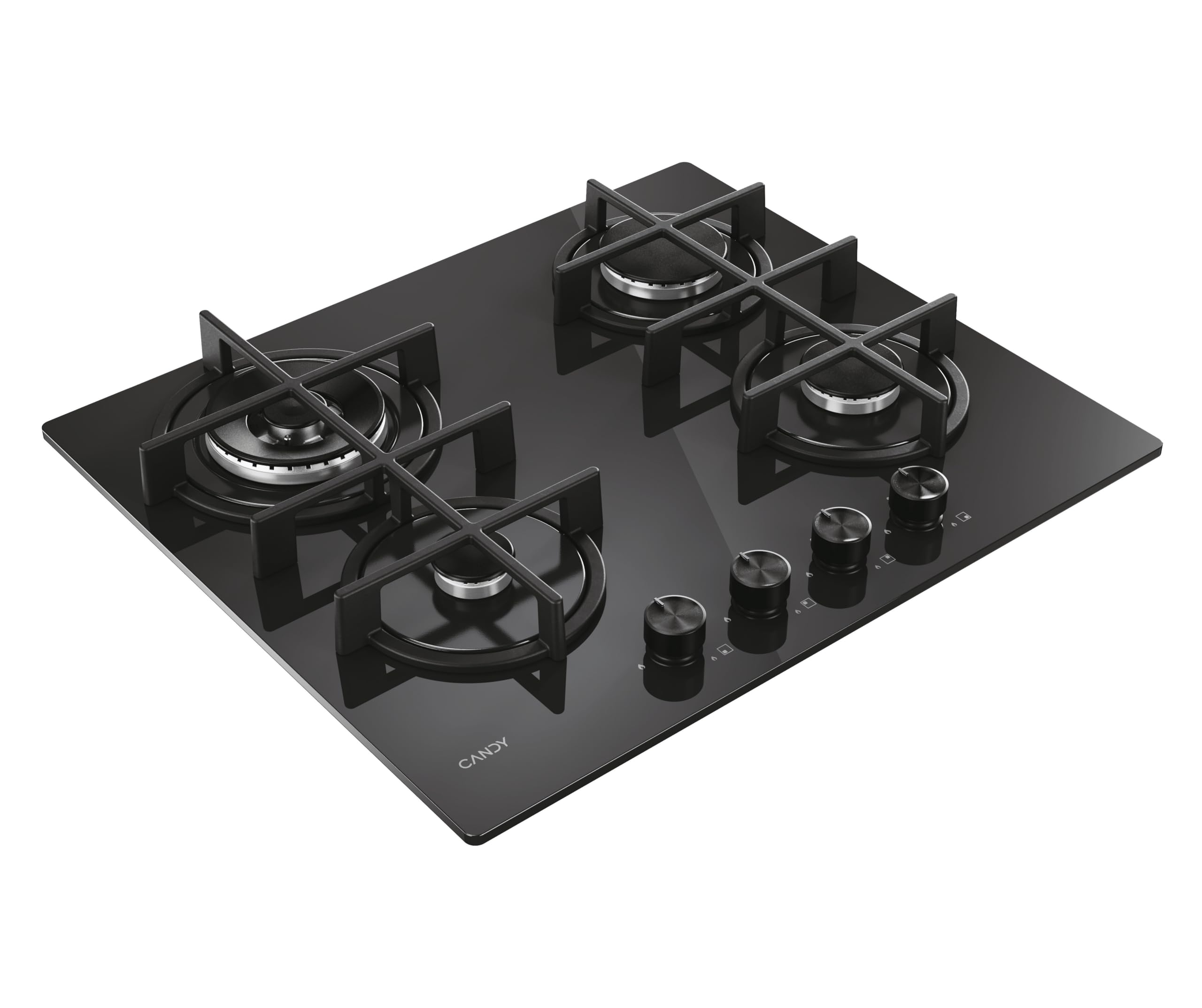 Candy Moderna Piano Cottura a Gas 4 Fuochi, Vetro Temperato, Bruciatore a Doppia Corona, Griglie Lavabili in Lavastoviglie, AxLxP 0,8x59,5x51 cm, Nero - CVG6BR4WTB