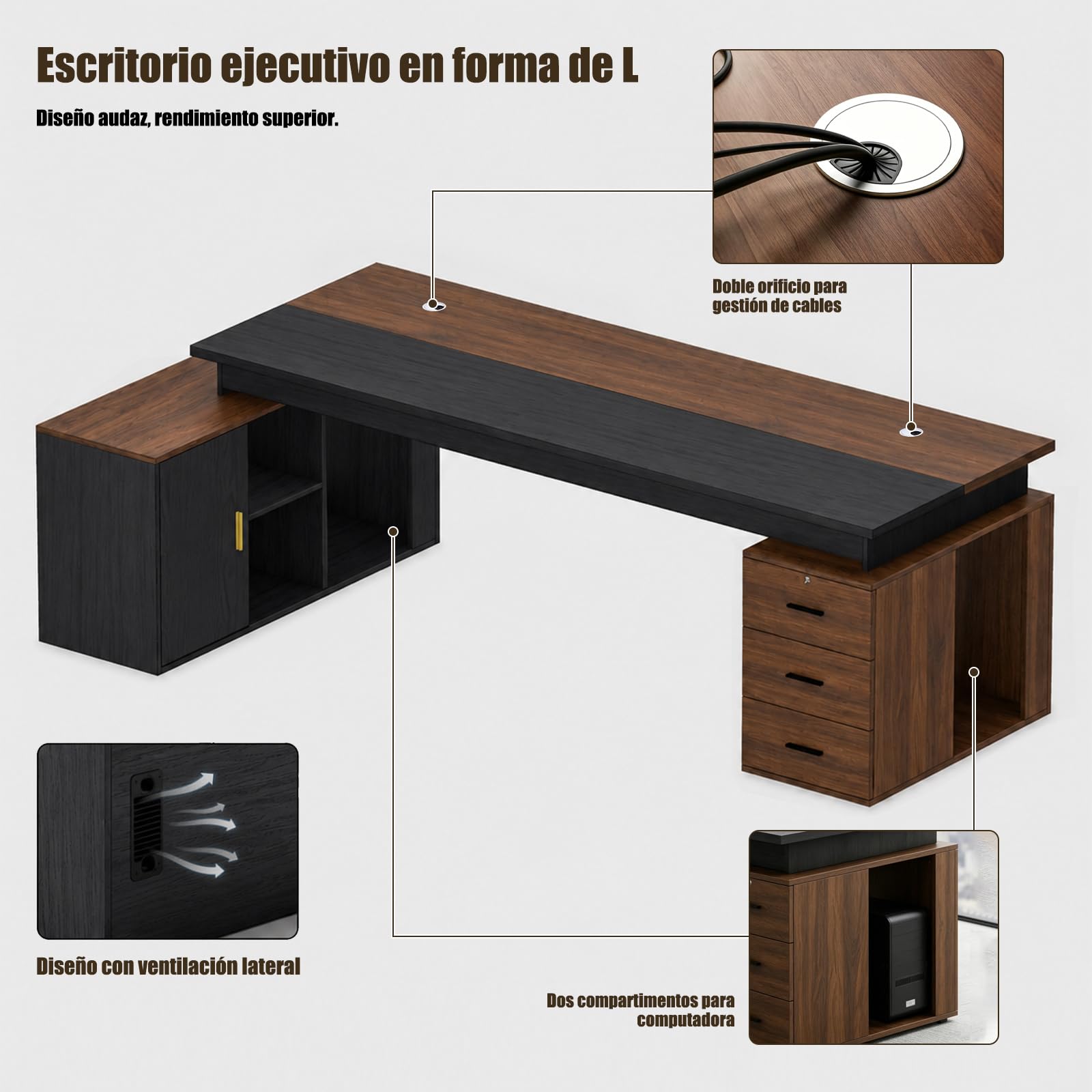 Escritorio Ejecutivo en L con Armario de Almacenamiento y 3 Cajones, Mesa de Oficina con Gestión de Cables, Escritorio para Ordenador con Estantes y Espacio para CPU, Mueble de Oficina Moderno