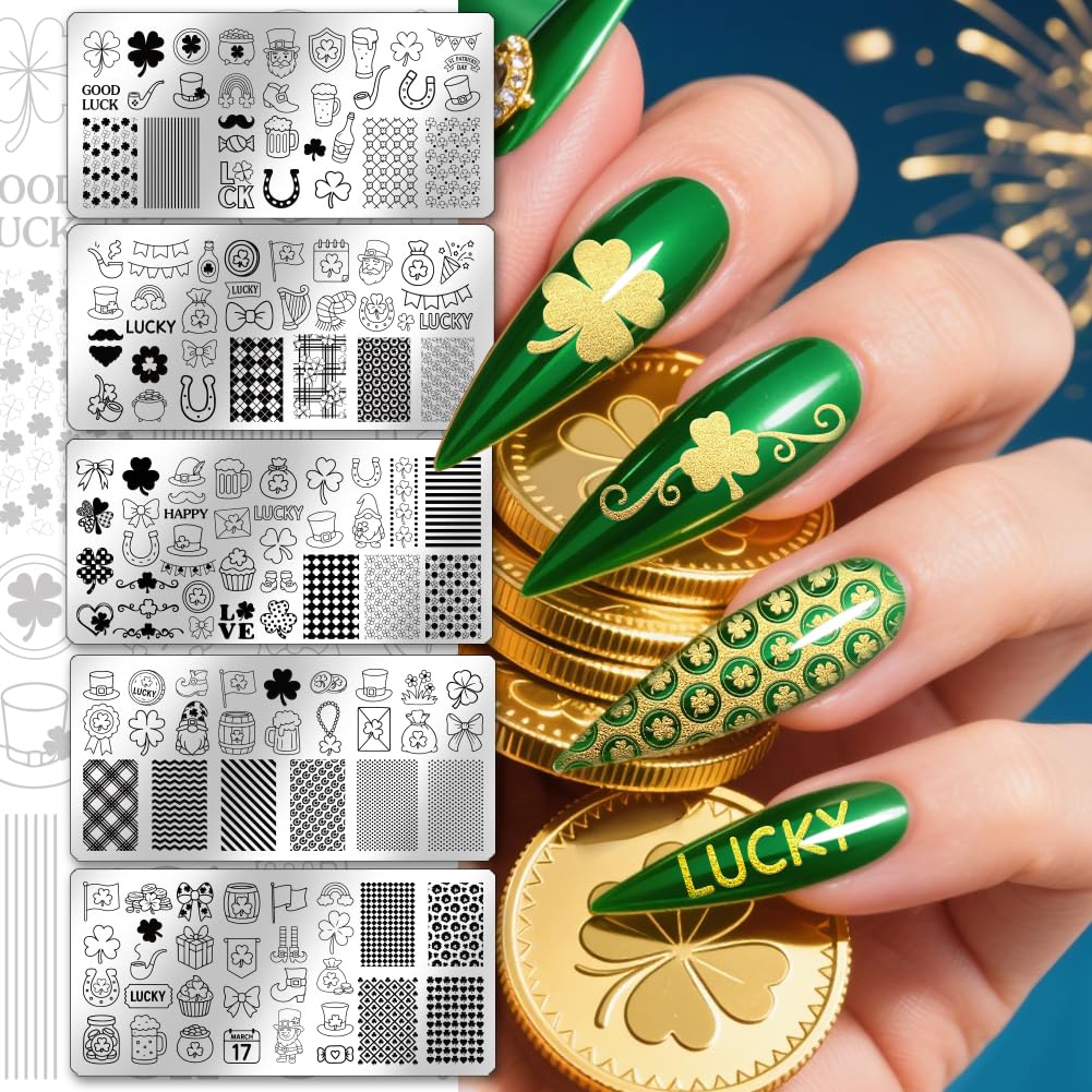 PH PandaHall 5 piastre per stamping per unghie di San Patrizio Lucky Shamrock Nails modelli artistici arcobaleno gnomo unghie immagine timbro trifoglio cappello unghie stencil arte per stampa fai da