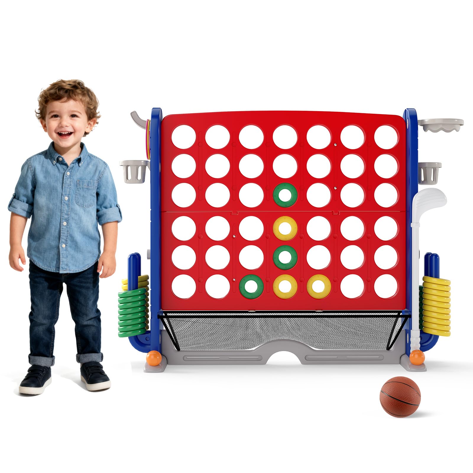FANTASK Set di giochi giganti 4 in 1, quattro vincite XXL con anelli, cestino da basket e gioco da golf, gioco da giardino con porta bevande, scomparto a rete e borsa per il trasporto, per bambini e