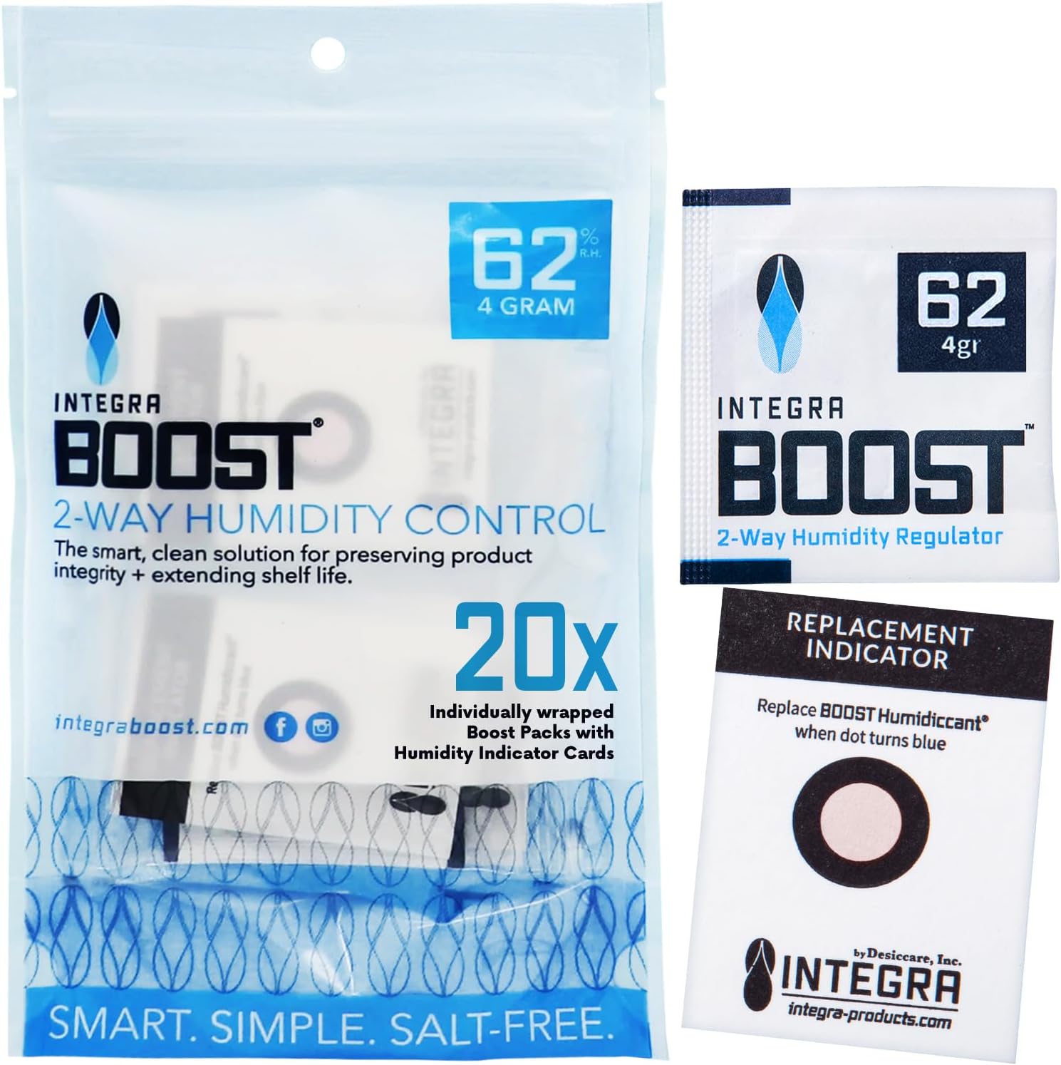 Integra Boost 2-Way Humidity Control Pack - Preserve Flavor & Control Humidity at 62% RH - Moisture Absorber for Herbs, Spices & More - 4 Gram (Pack of 20)