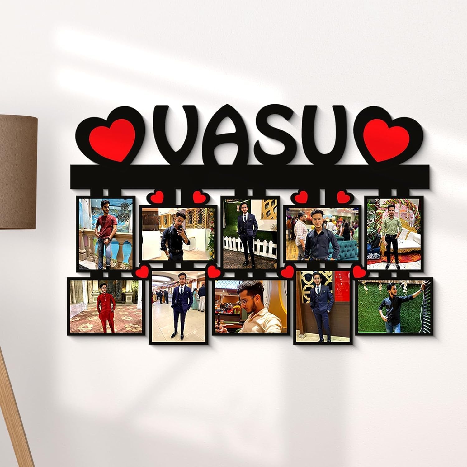 10 Photos Customized Frame with Name Gift | Personalized Photo Frames Collage | Wooden Personalized Gift | Customized Frames for Wall Decor | (Size 12x18 in/Wooden) new look