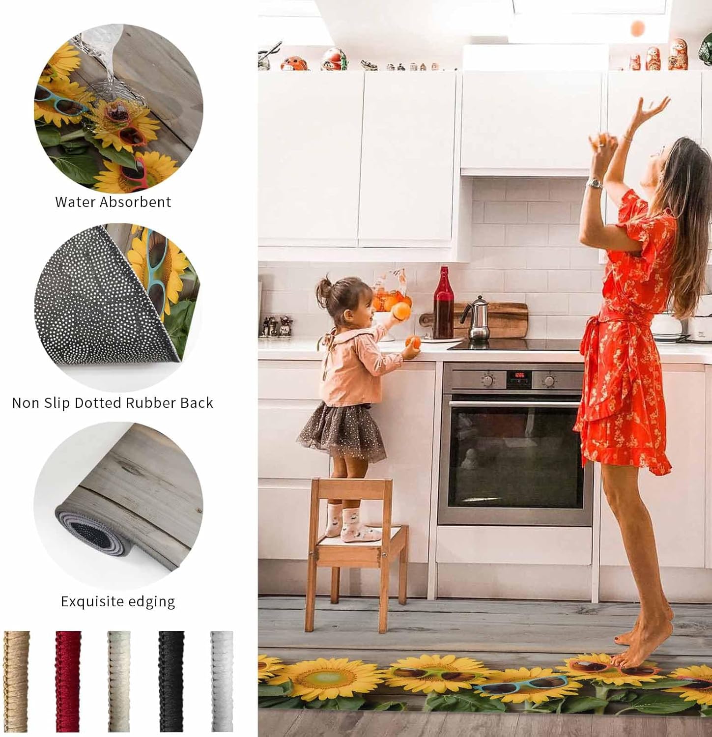 2 Pieces Kitchen Rugs and Mats,Abstract Sunflower with Sunglasses Area Runner Rug Set Non Slip Floor Doormat Washable Carpet Standing Mat for Kitchen Sink Indoor Corridor,Summer Flower on Wood Board