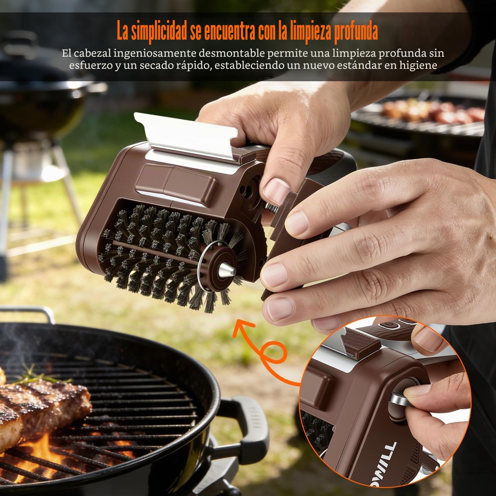 Cepillo Eléctrico para Barbacoa con Luz LED – Cepillo Barbacoa Inalámbrico 4000mAh, 450 RPM, Autonomía 3-4 Horas, Cabezal Extraíble Lavable, USB-C, para Parrillas, Hierro Fundido y Plancha
