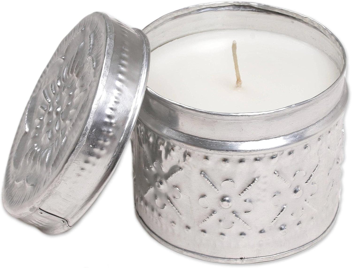 NOVICA Handmade Aluminum Tinned Candle Ecofriendly Beeswax Floralthemed Metallic Indonesia Lamps Lighting Candles [2.4in H x 2.4in Diam.] 'Soft Light'