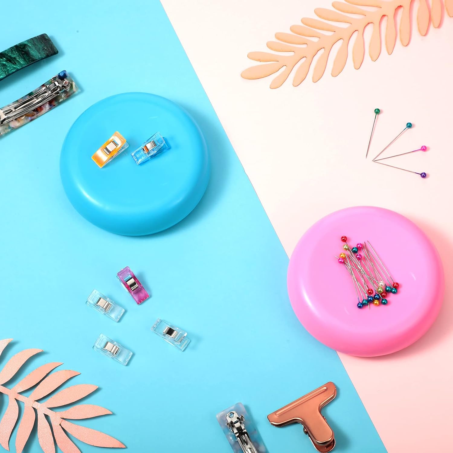 Waydress 2 Pieces Magnetic Pin Holder Sewing Bobby Pin Cushion Needle Round Paper Clip Holder Magnetic Cushion Sewing Magnet Push for Hairclip Storage Case Cushions Supplies Organizer(Blue, Pink)