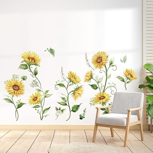 Miniatura 3 de decalmile Calcomanías de pared de girasol de acuarela flores amarillas jardín floral pegatinas de arte de pared dormitorio sala de estar TV fondo