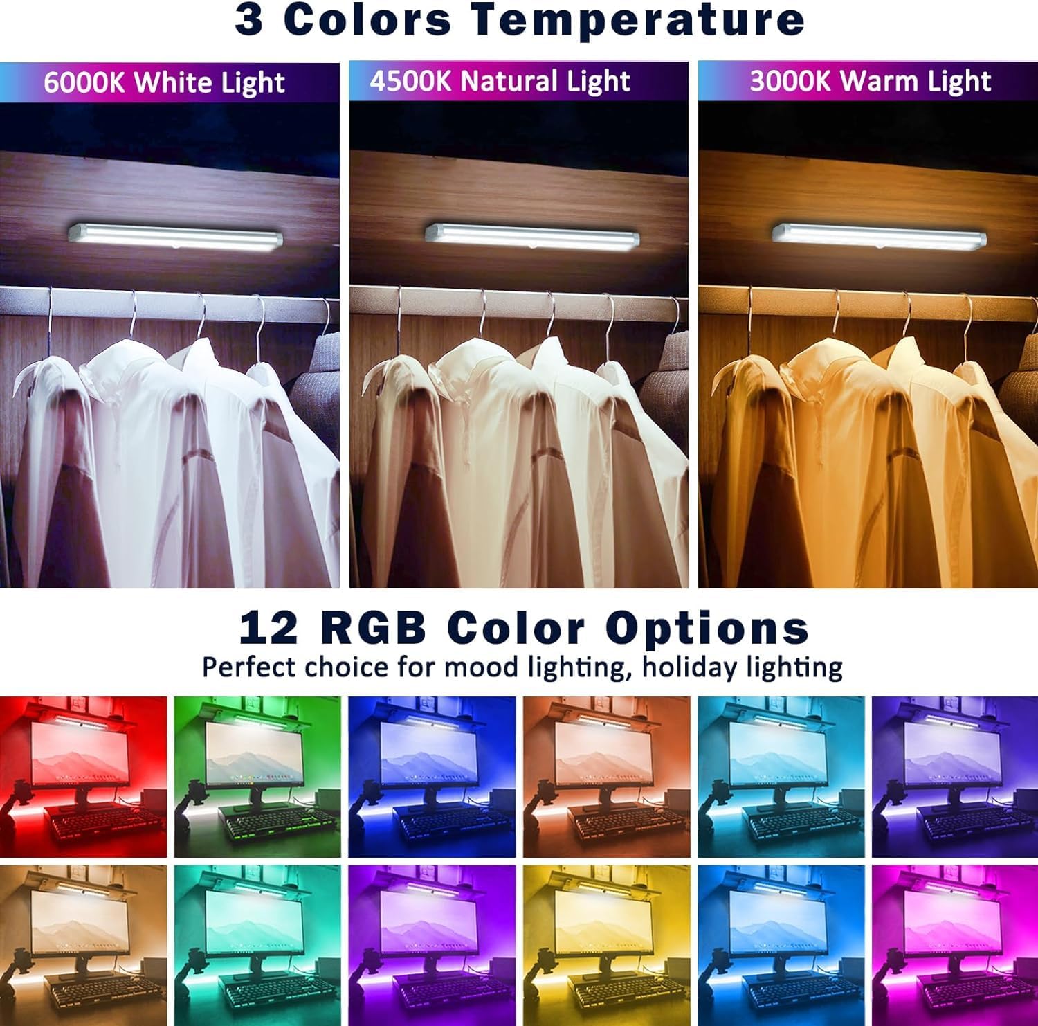 Under Cabinet Lights Wireless, 58-LED Rechargeable Motion Sensor Closet Lights with Remote Control, RGB Color Changing Under Counter Lights for Kitchen, Pantry, Bedroom, Stairs, 4 Pack