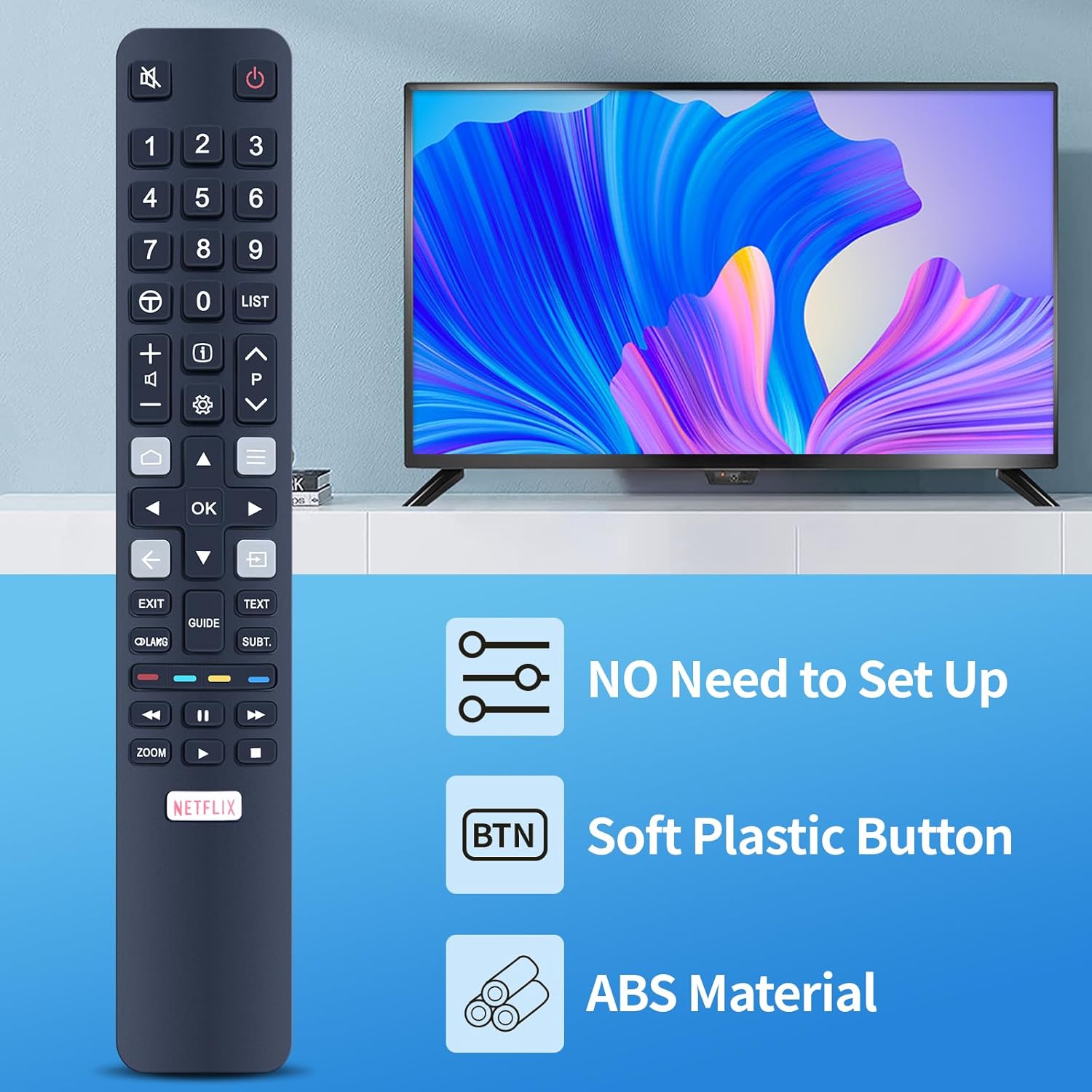 TCNOUMT RC802N YU14 remote control next to a TV, with icons indicating 'No Need to Set Up', 'Soft Plastic Button', and 'ABS Material'