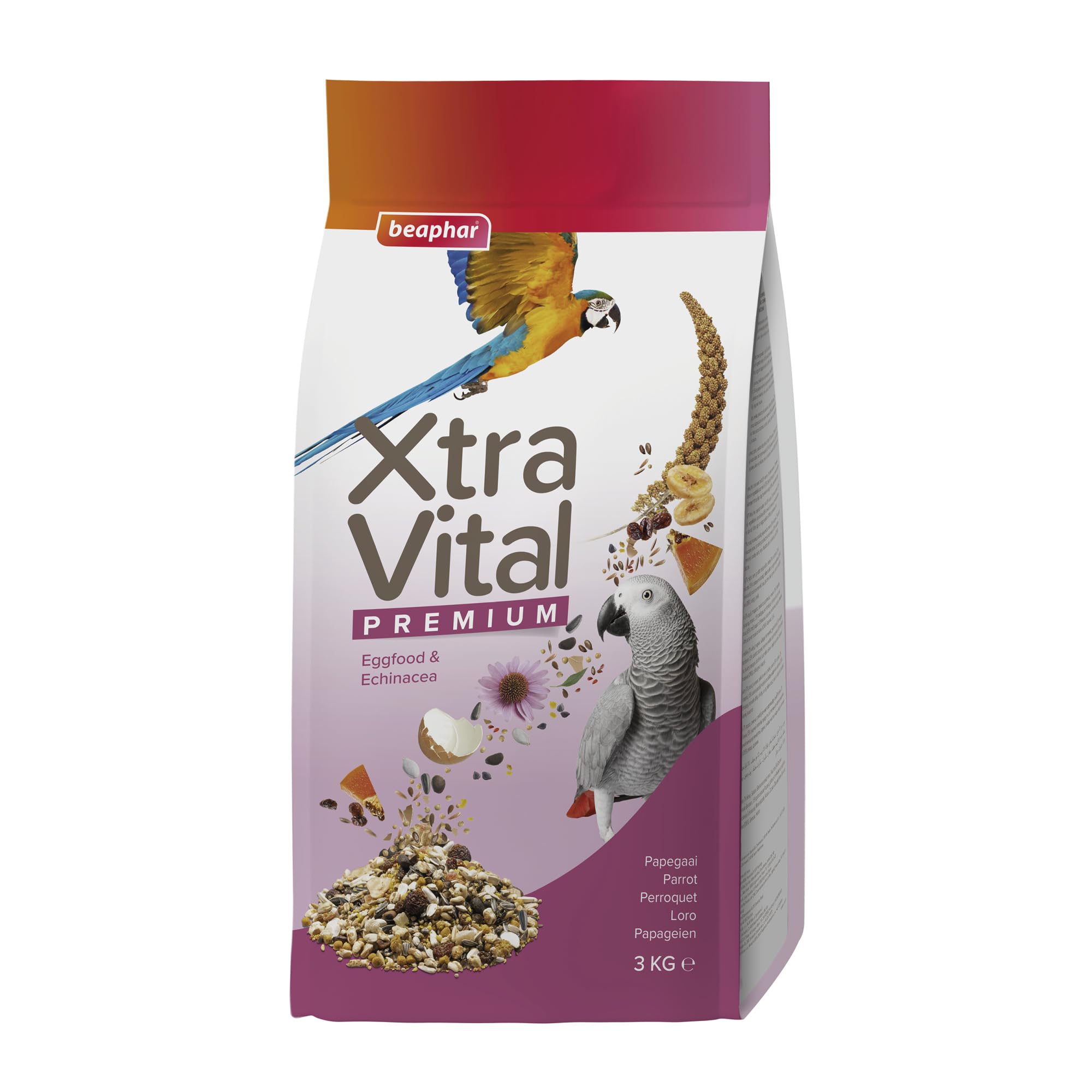 Beaphar - XtraVital Parrot Bird Food - Complete Food with Banana, Papaya, Echinacea & Egg Food - Rich in Vitamins & Minerals - For Health, Vitality, Immunity & Plumage – High Protein, Low Fat – 3kg