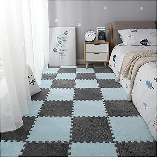 Alfombrilla De Espuma De Rompecabezas De Felpa De 12x12 Pulgadas, Baldosas De Alfombra Entrelazadas De 12 Piezas, Alfombrillas De Juego De Espuma Suave Para Sala De Juegos(Color:Gris Claro+Azul Claro)