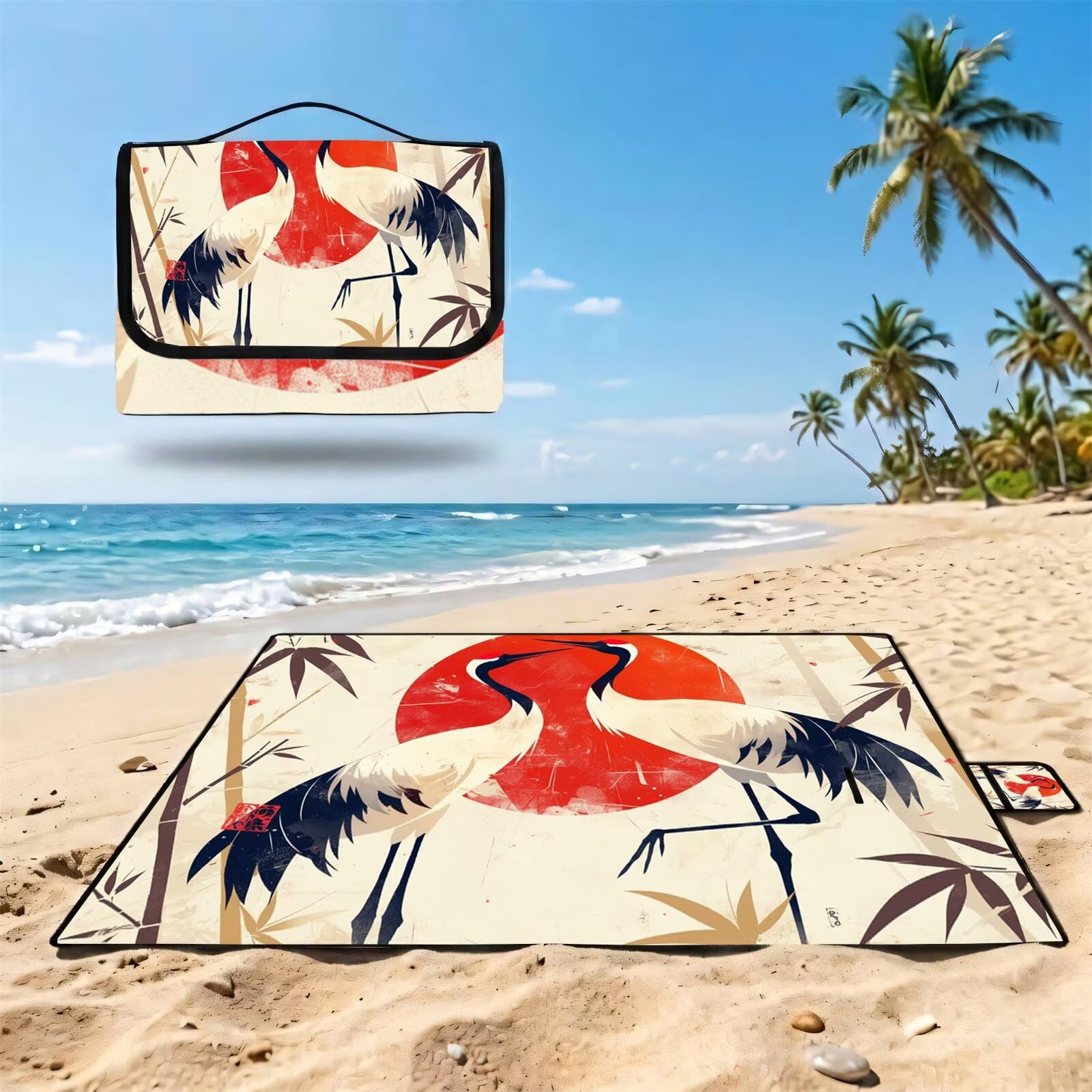 Couverture Pique Nique Grande 200x300cm,Outdoor Couverture Imperméable,Pliable Tapis de Plage Dos en PVC Anti-Sable,Picnic Blanket pour Camping Accessoires,Jardin,Parc,Famille - Japon,Grues (6) UZ-836