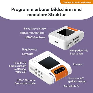 AI Vision Kit for VinciBot with 180° Flip Camera Programmable Screen Modular Structure 7 Visual Functions Add for Beginners and Advanced AI from 8 to 12