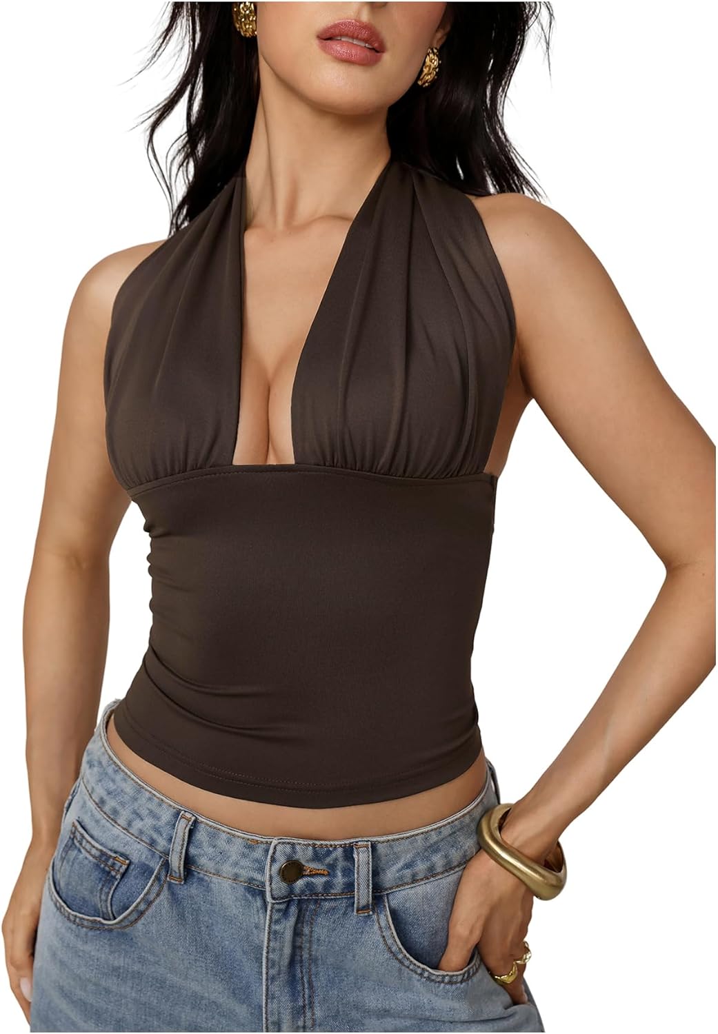 Milumia Women's Tie Backless Halter Top Y2k Going Out Deep V Neck Ruched Crop Tank Top