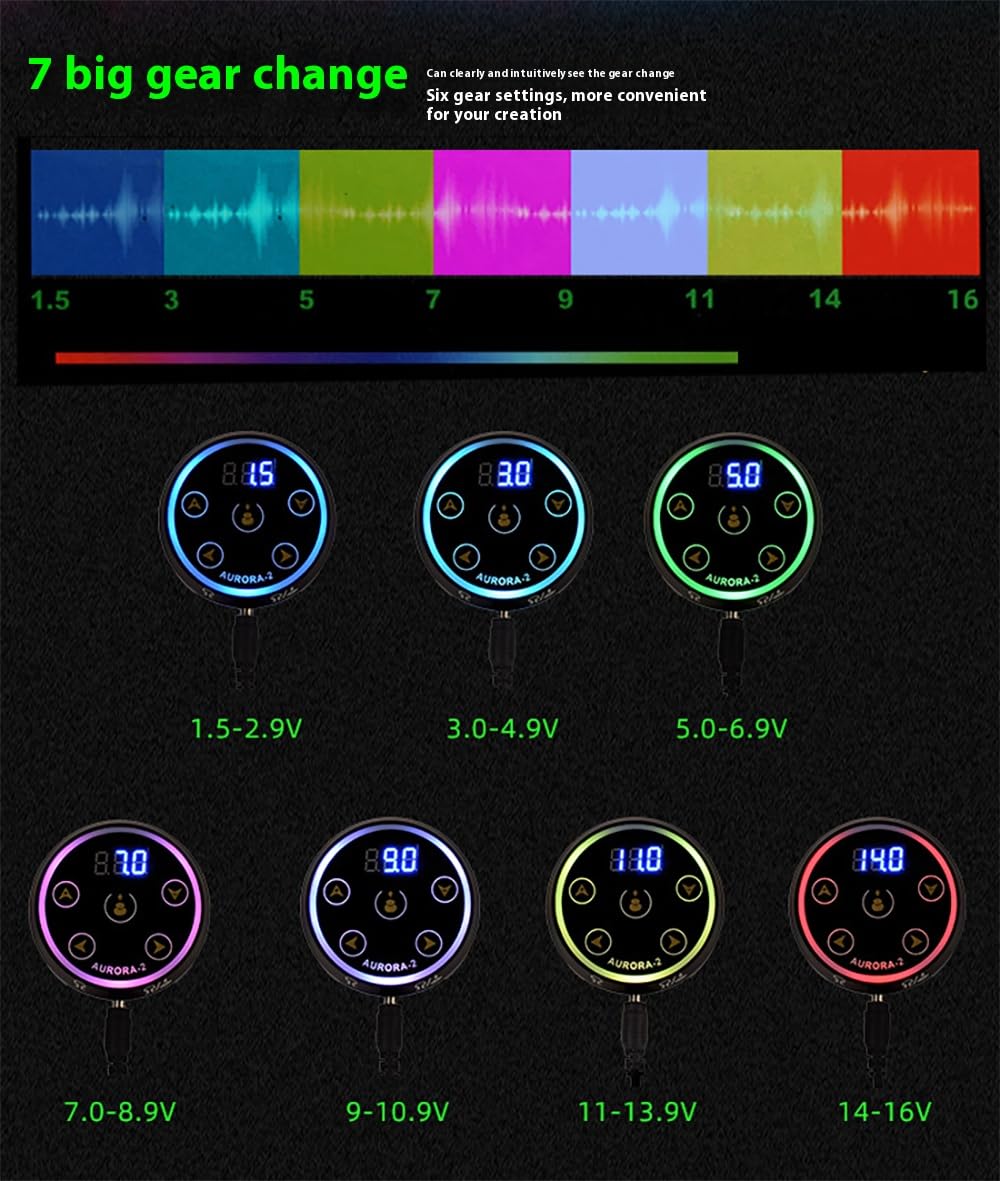 Fuente de alimentación ajustable para tatuajes: control de voltaje de 7 niveles de 1,5 a 16 V con pantalla LED, base magnética y soporte de pedal para máquinas de tatuaje
