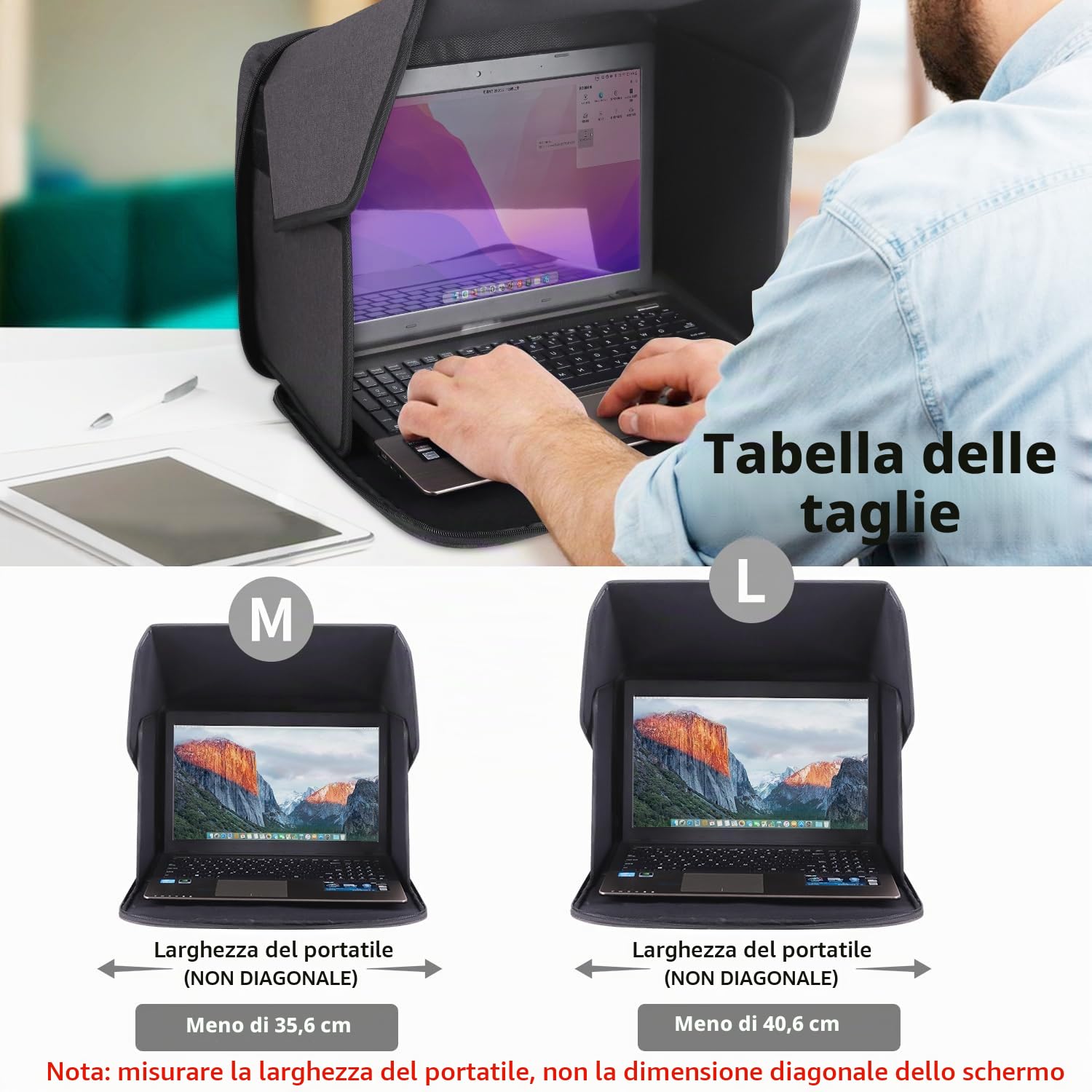 Parasole per computer portatile, leggera, protezione solare abbagliante per la privacy, per lavorare all'aperto, parasole pieghevole e portatile, copertura per computer portatile con