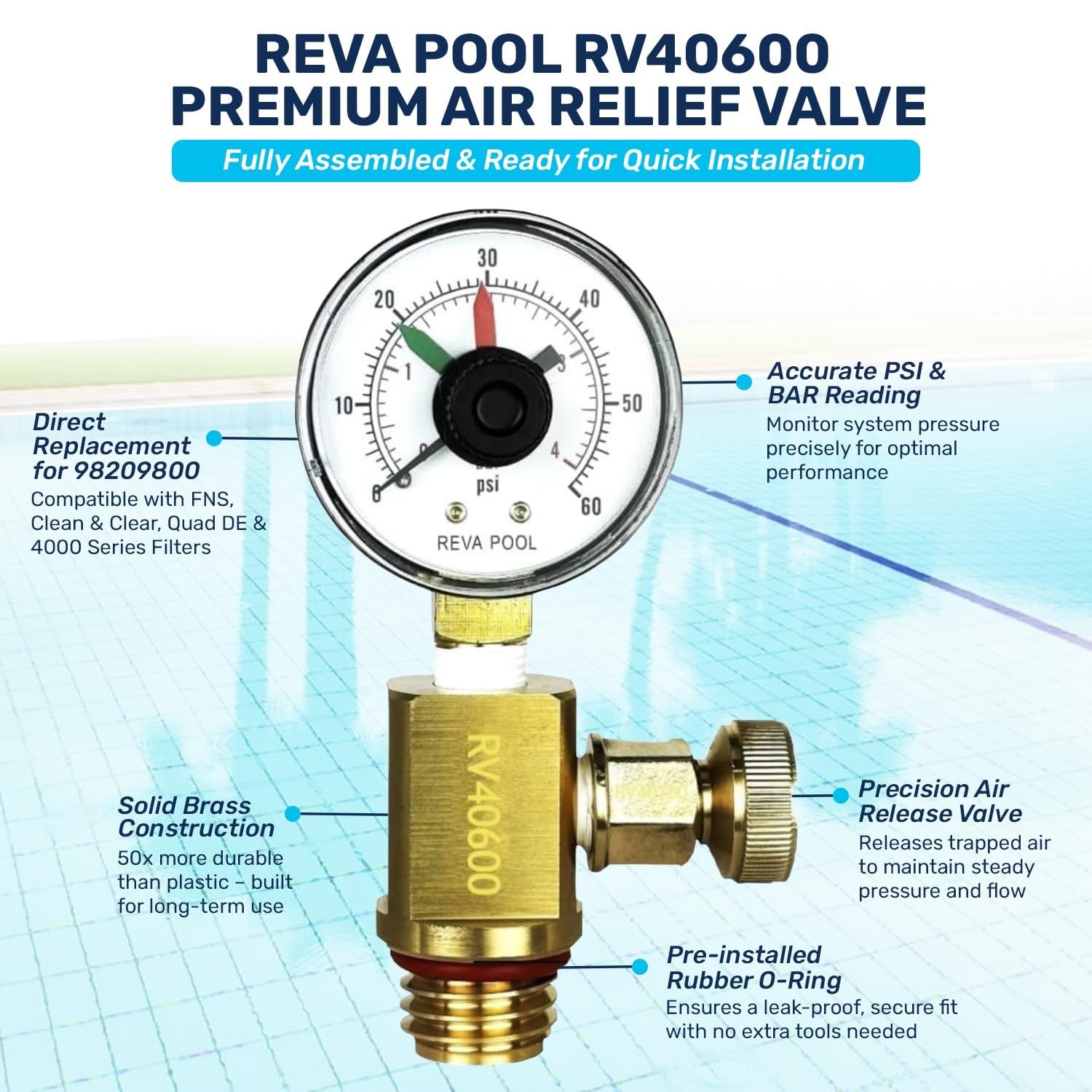 RV40600 (98209800) Válvula de alivio de aire de latón | Compatible con sistemas de filtro de piscina - FNS, Clean and Clear, Quad DE, filtros de la serie 4000 I Essential accesorio de