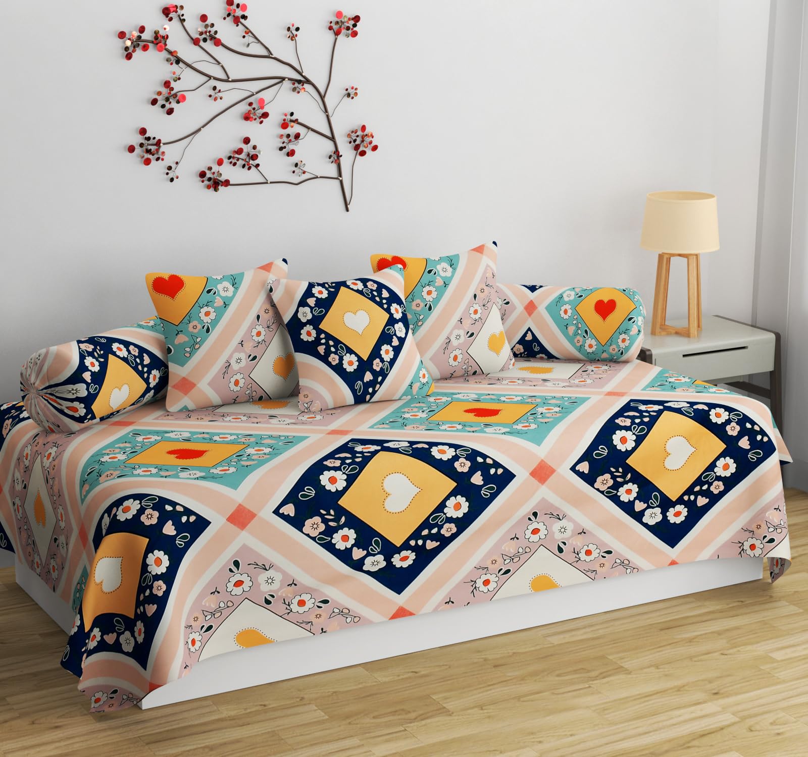 LOPUNNY Floral 240 TC 100% Microfiber Elegant Design Diwan Set with 6 Pieces, 1 Single Bed Sheet with 3 Cushions Covers and 2 Bolster Covers (Heart)