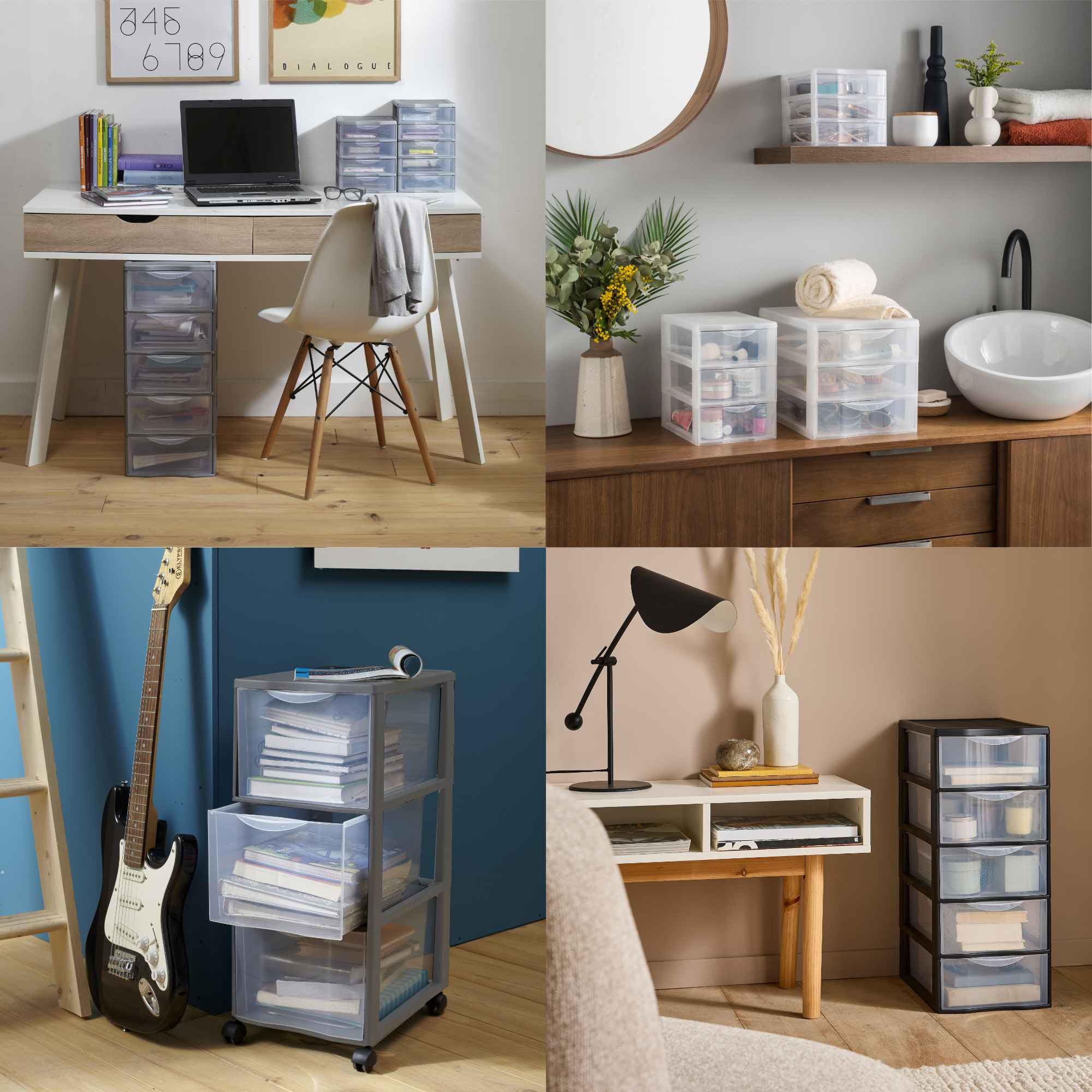 SUNDIS Orgamix, tour de rangement plastique, 3 tiroirs transparents, roues | Format papier A4, hauteur 63,5 cm, idéale rangement bureau, cours, documents, fournitures, accessoires