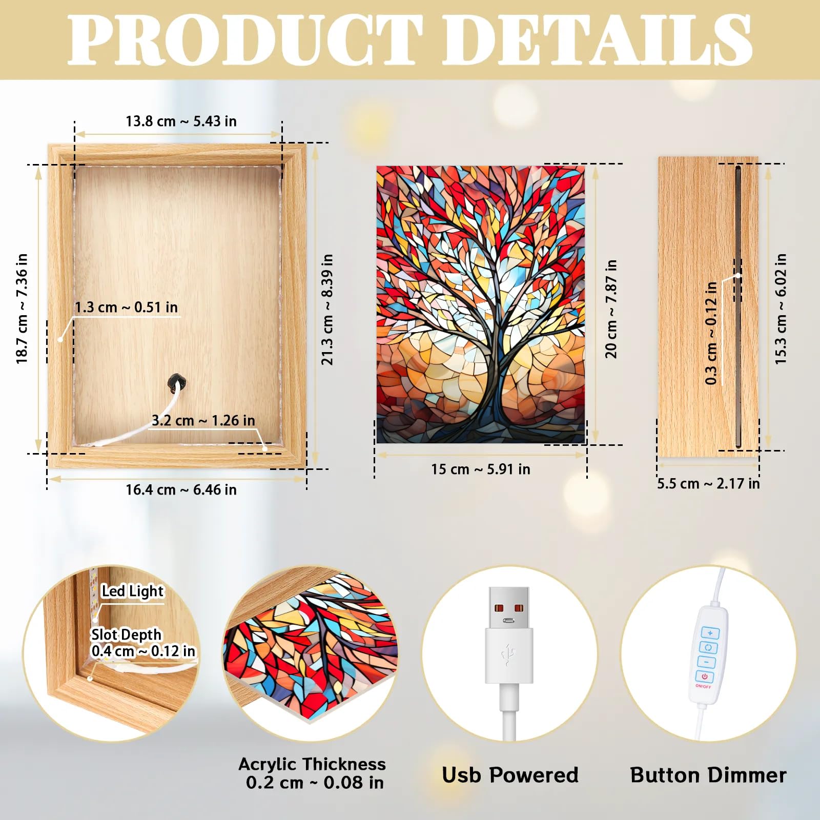 Light Up Painting, Artistic Tree Wall Art Picture Light Colorful Tree Light Up Desktop Art Frame, 10 Brightness, USB Powered, 3 Lighting Modes, Anxiety Relief Decor Gift for Bedroom Home