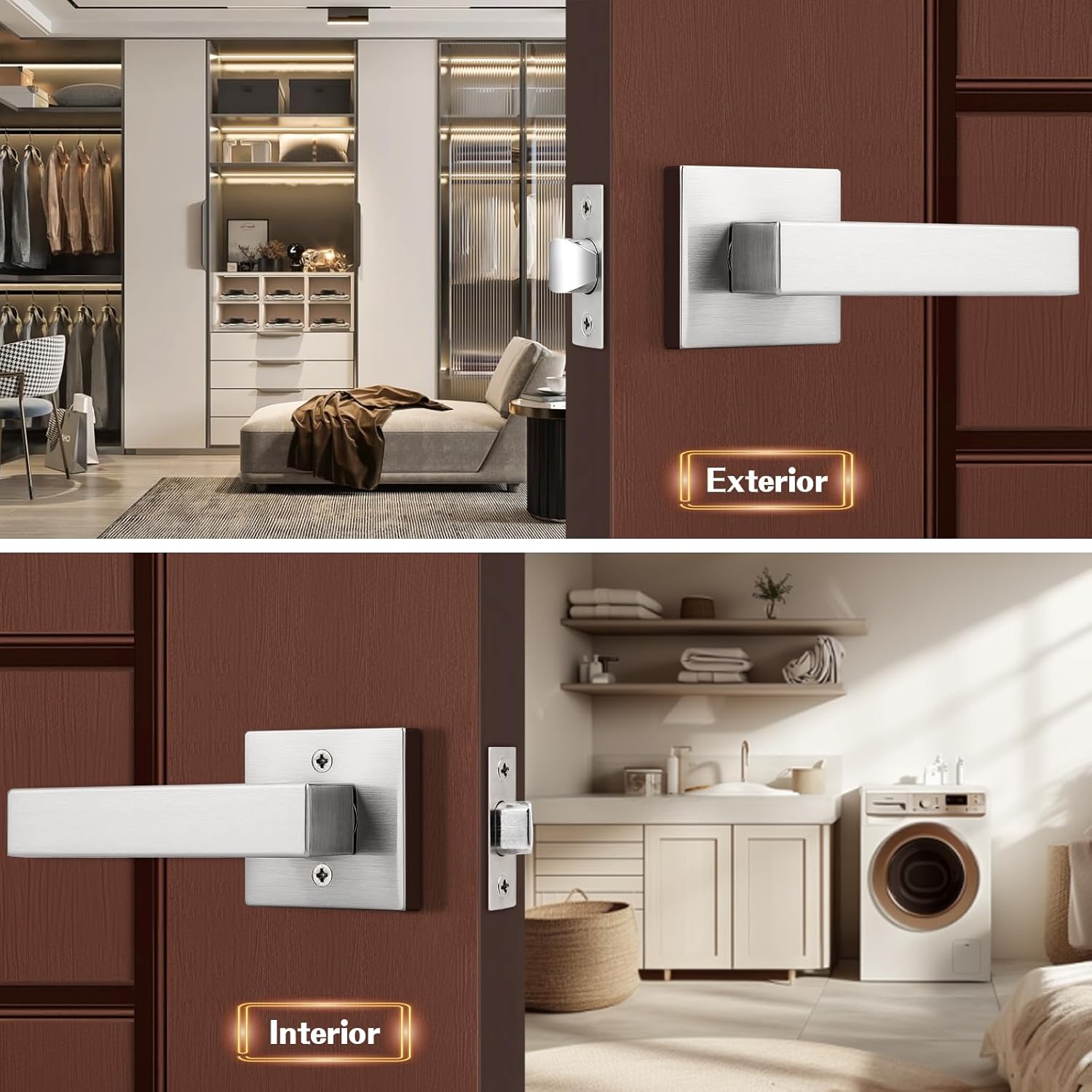 Probrico Interior Brushed Nickel Door Handle, Heavy Duty, Flat Square Passage Door Handles, Keyless Door Levers Lockset for Closet and Hallway (6 Pack, Modern)