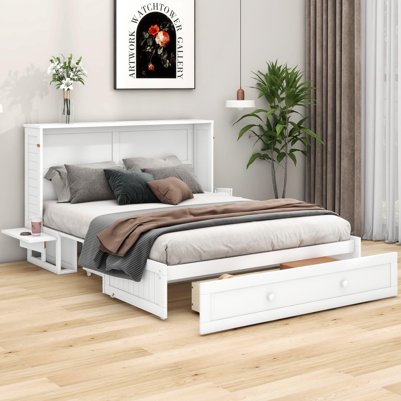 KOMFOTT Struttura Letto In Legno Con Testiera, Piattaforma Mid-Century, Doghe In Legno E Contenitore Sottoletto - Bianco, Misura Matrimoniale
