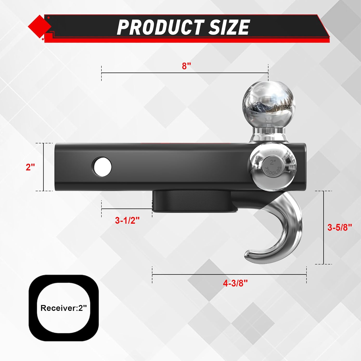 TYT Trailer Hitch Tri Ball Mount with Tow Hook,Fits 2 inch Receiver,Triple Balls (1-7/8", 2", 2-5/16"),10,000 lbs GTW,1,000 lbs TW,with Hitch pin - Image 2