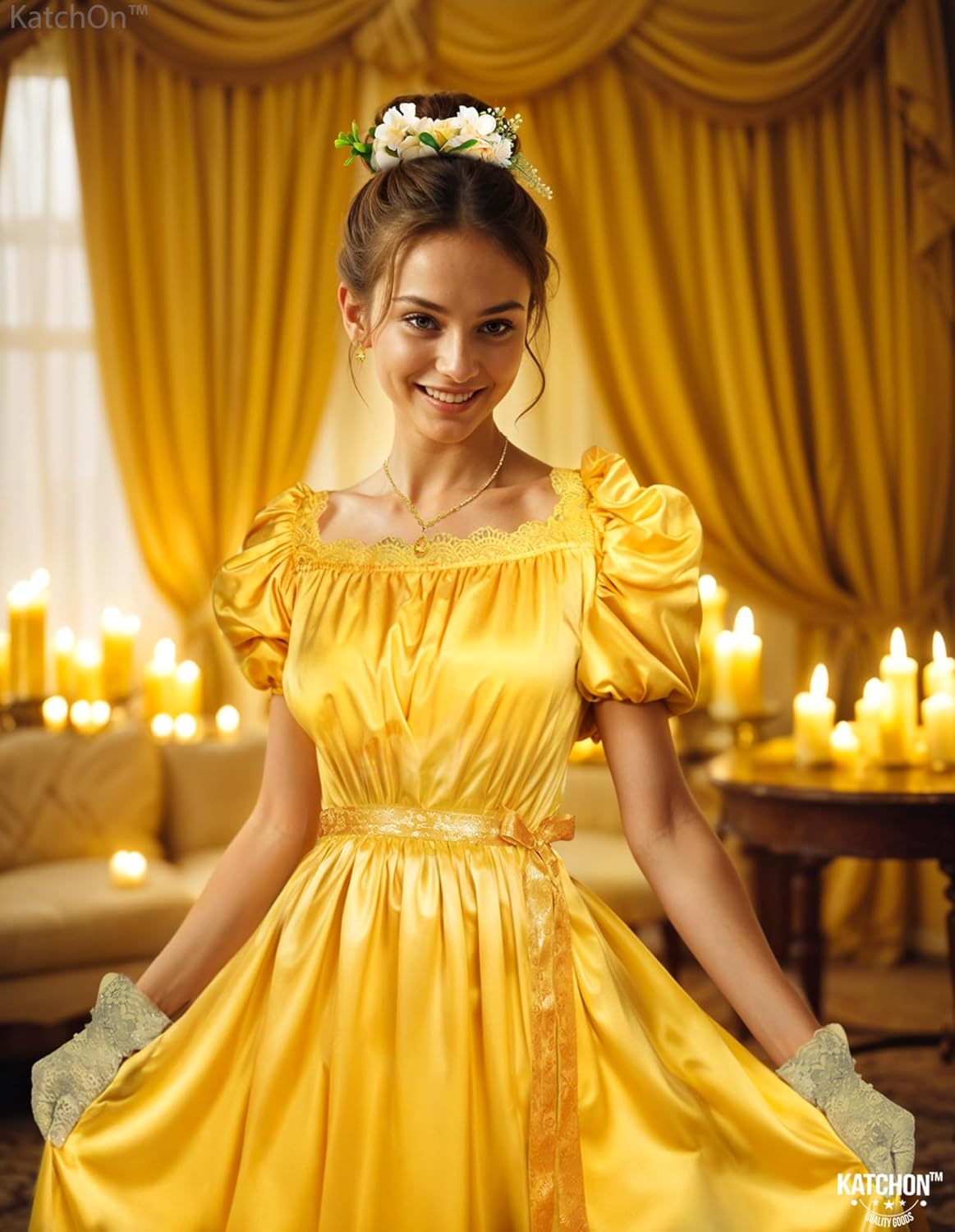 KatchOn, Regency Dress for Women with Jewelry Set - Puff Sleeve Empire Waist Dress Gown | Yellow Victorian Dress with Gloves