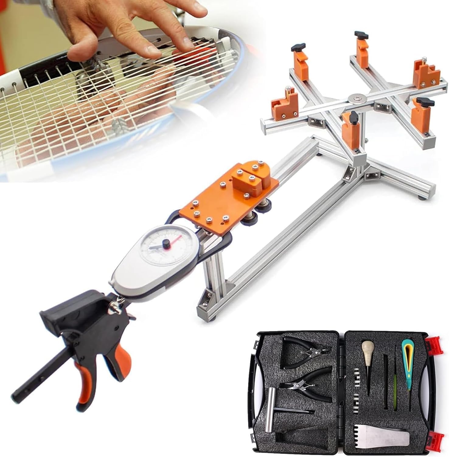 Professional Racket Stringing Machine, DIY Manual Stringing Tool with Wire Puller & Tension Gauge, 6-Point Support System, for Badminton, Tennis, Squash Rackets