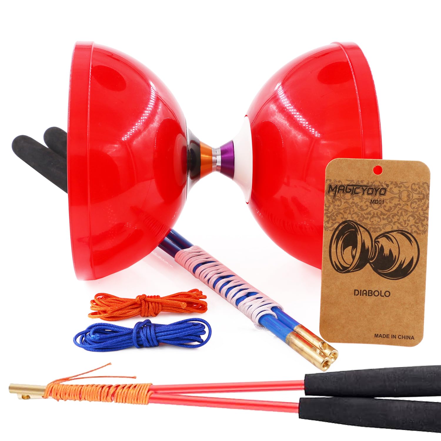 MAGICYOYO Diabolo Set de Jonglage MD01 Professionnel avec roulements à billes triple pour enfants, adultes et débutants,15 cm, avec 2 paires de bâtons en métal+sac+ 2 jeux de cordes de rechange, Rouge