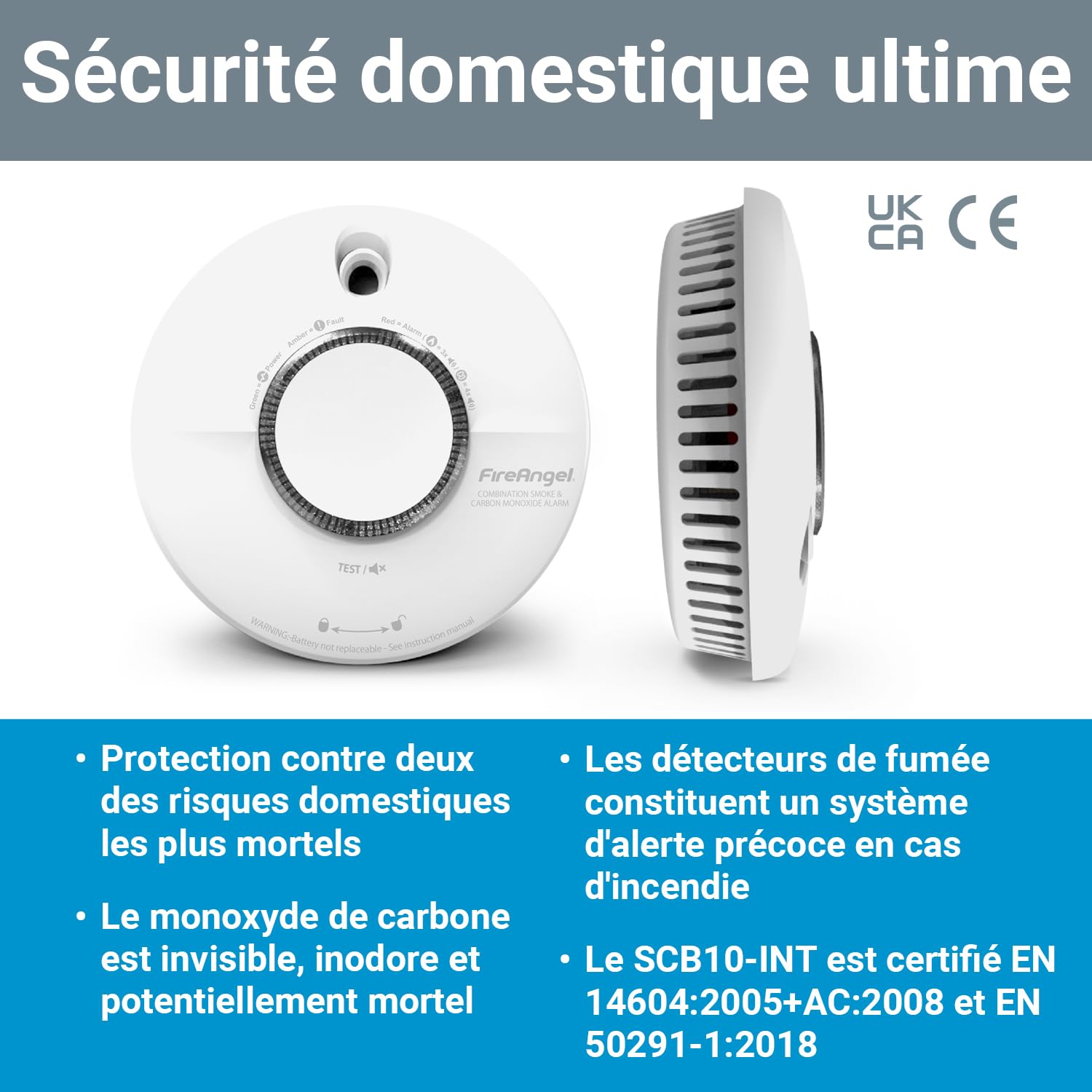 FireAngel SCB10-INT Détecteur Combiné de Fumée et de Monoxyde de Carbone, Détecteurs de Fumée et de CO Combinés pour la Maison, Durée de Vie de 10 Ans