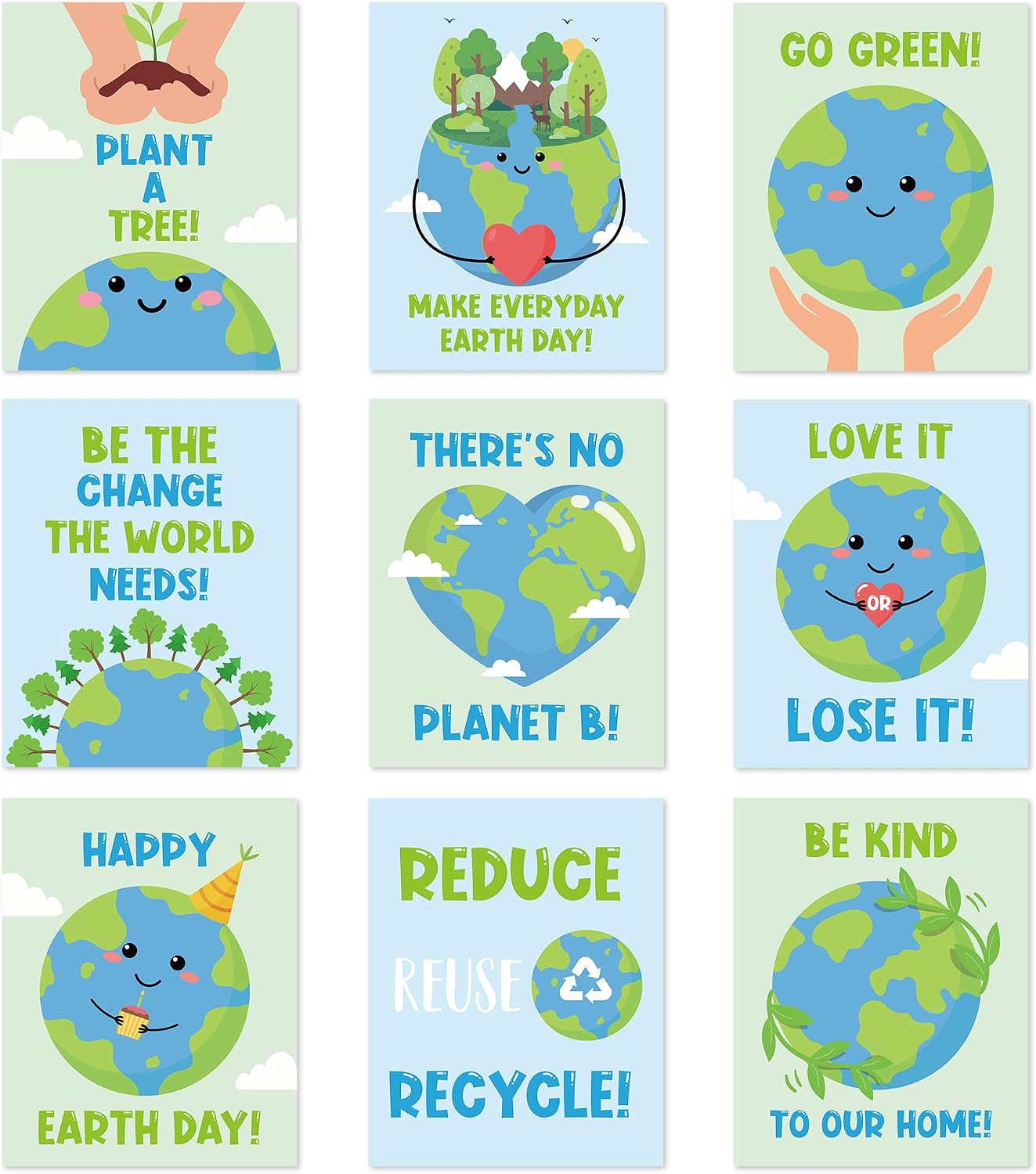 CPicdn 9Pcs Earth Day Posters, Unframed Environmental Awareness Poster 8x10 Inch Cute Wall Art Prints Decor Happy Earth Day Educational Decorations for Classroom Elementary School Library Bedroom
