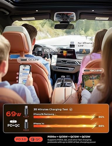 Miniatura 5 de LISEN - Cargador retráctil para automóvil, adaptador de cargador de automóvil USB C de 69 W, carga rápida para iPhone 16, 15, 14, 13, 12, Samsung,