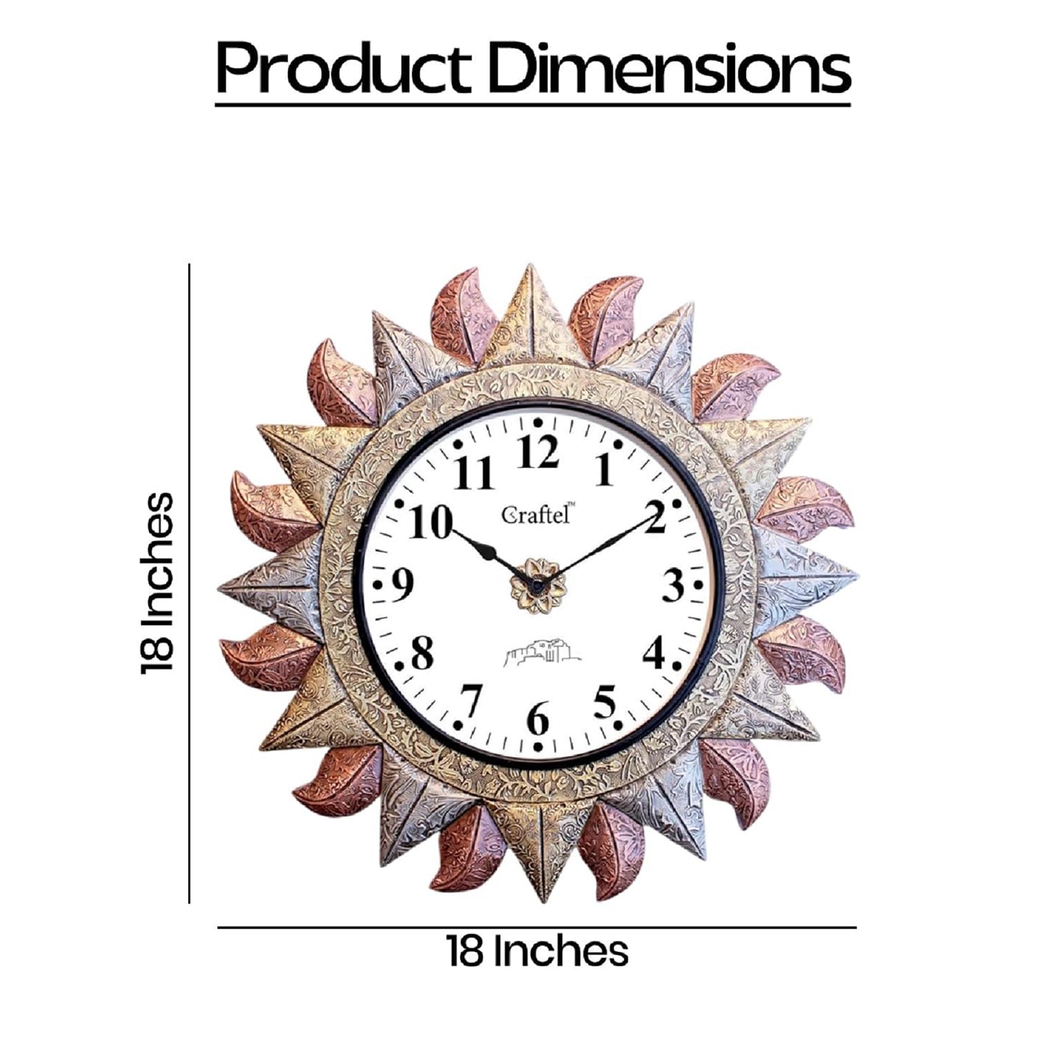 Craftel Home Decor Wall Clock | Analog Round Sun Shape Design Wall Clocks with Glass | Antique Brass and Copper Metal Finish Diwar Ghadi | Decorative Hanging Clock for Living Room and Office, 45x45 cm 4
