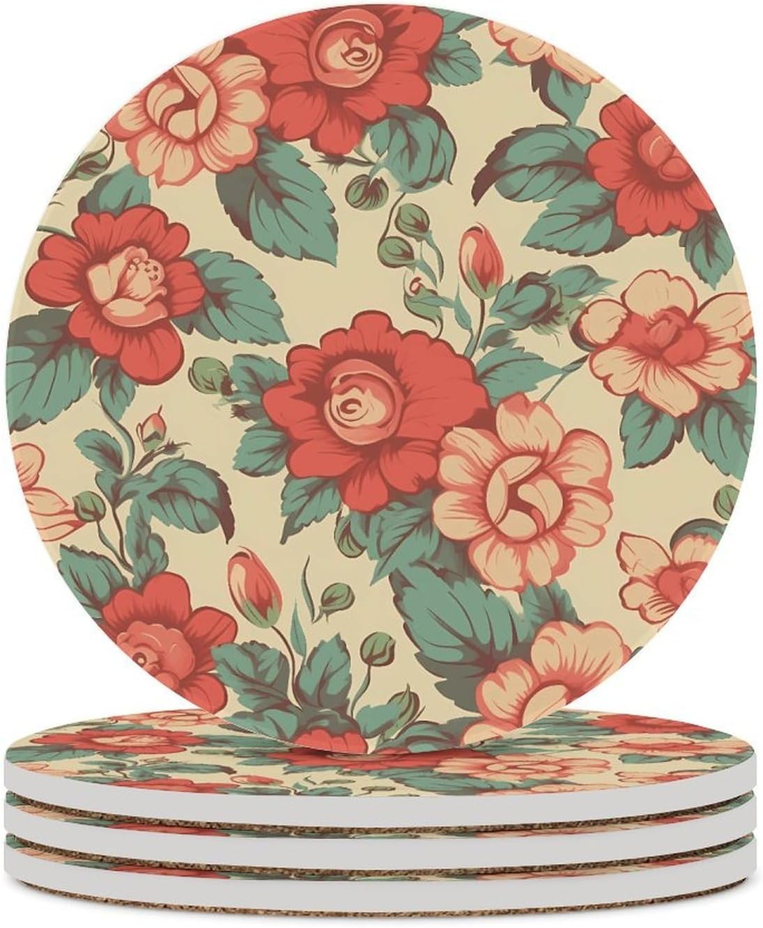 6PCS Retro Flower Coasters Non-Slip Round Drink Coasters with Ceramic Stone and Cork Base, Heat Resistant Absorbent 33.00Stone Coaster Set for Kinds of Mugs and Cups, 4 Inch