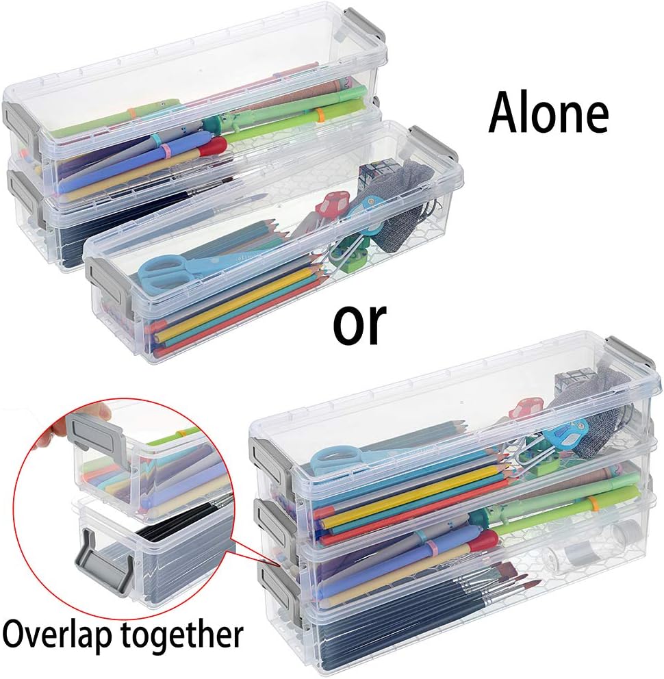 BTSKY Long Plastic Stackable Boxes Home, Office Supplies Storage Organizer Pencil Box Plastic Organizer Holder for Gel Pens Erasers Tape Pens Pencils Markers etc- 3 Pack - Clear with Grey Clip - Image 9