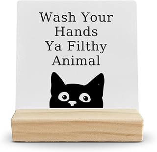 Cat Bathroom Signs Wood Desk Sign, Wash Your Hands Ya Filthy Animal Sign Bathroom Restroom Toilet Shelf Decor, Funny Bathroom Animal Wooden Plaque with Wood Stand for Bathroom Decor