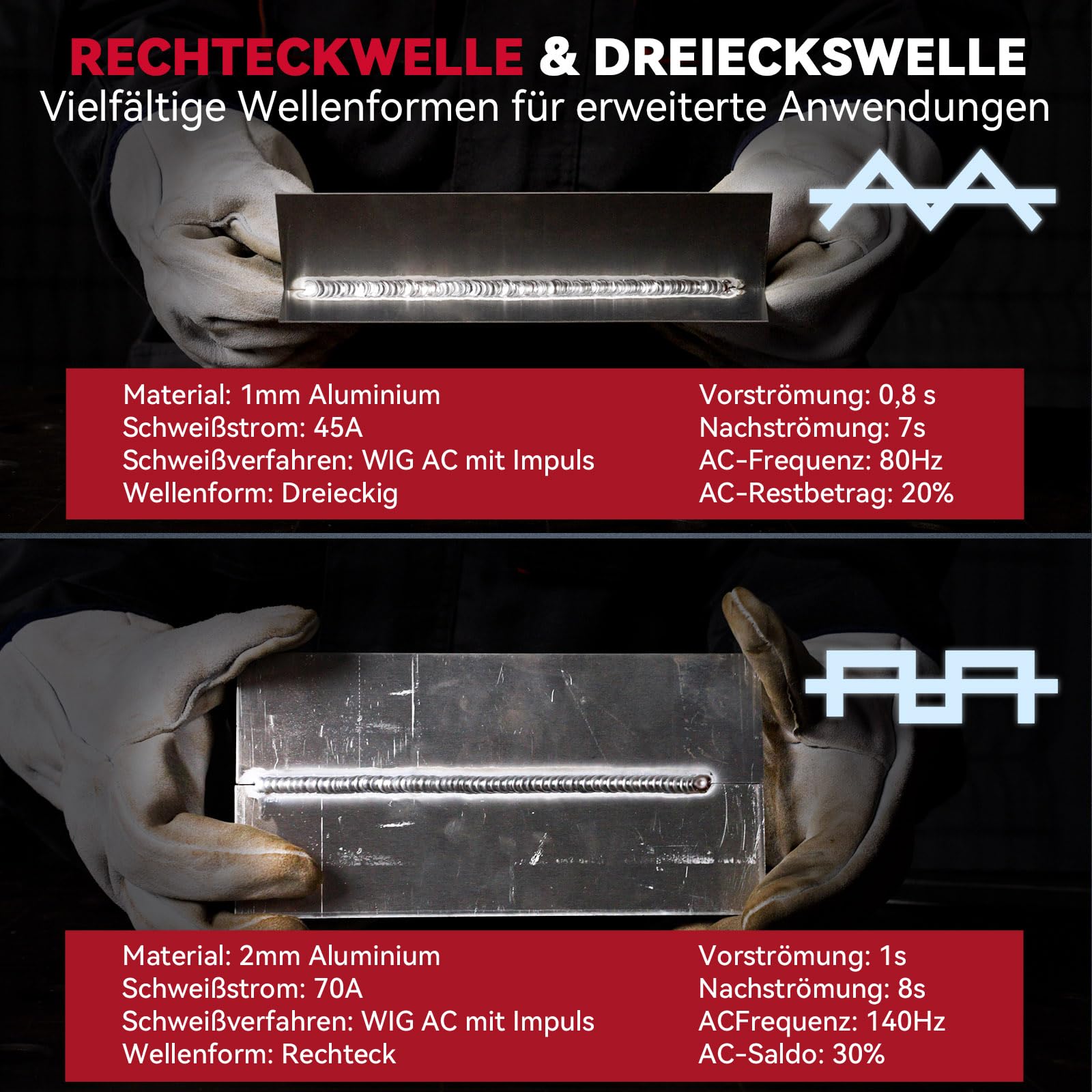 ARCCAPTAIN 200Amp WIG Schweißgerät AC/DC mit Pulsfunktion 230V, Aluminium Schweißen, WIG-Schweißgerät mit Rechteckwellen/Dreieckwellen Punktschweiß, MMA, IGBT 7 in 1 Alu Schweißgerät
