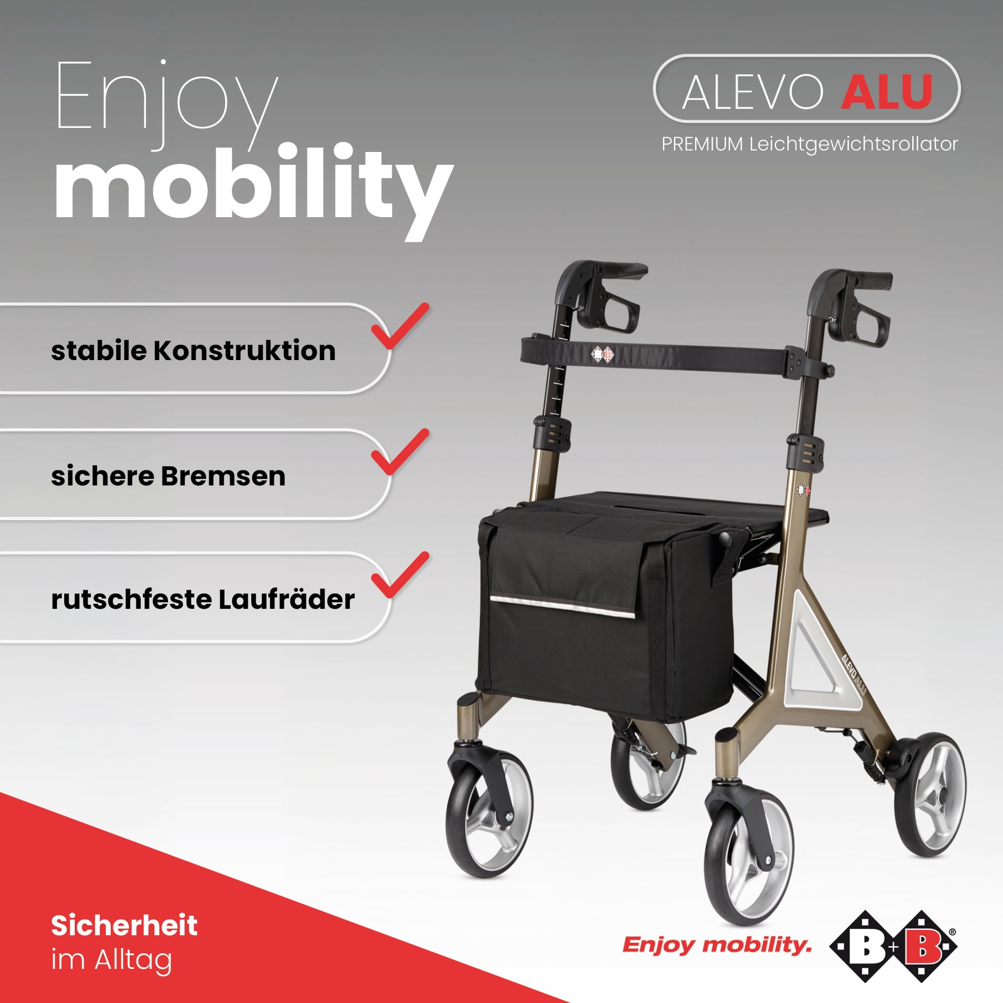 Bischoff & Bischoff Alevo - Andador plegable de aluminio SH 58,5 cm, ligero, para interior y exterior, con asiento estable y bolsa extraíble, color platino
