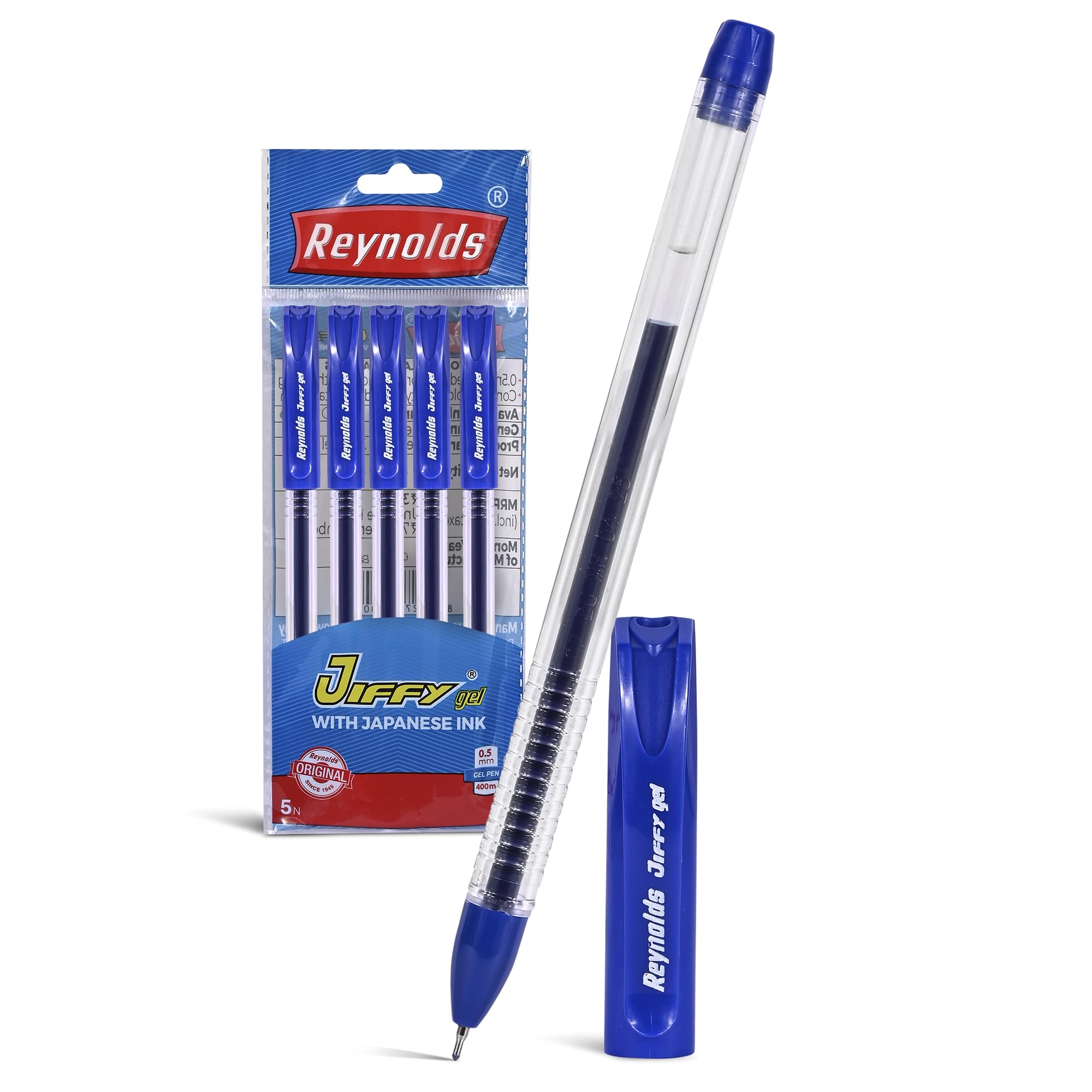 Reynolds JIFFY 5 CT BLUE I Lightweight Gel Pen With Comfortable Grip for Extra Smooth Writing I School and Office Stationery | 0.5mm Tip Size
